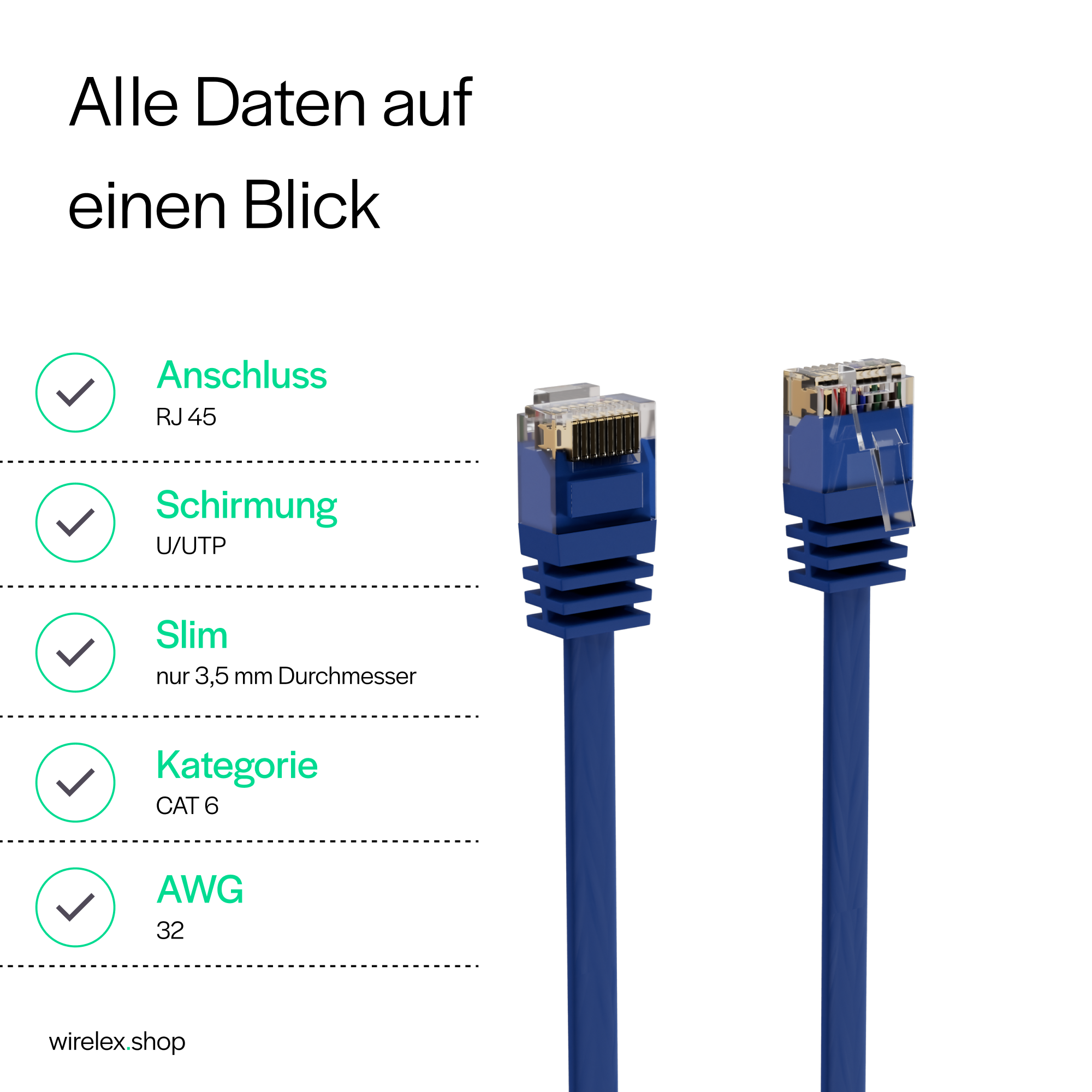 Zwei blaue Ethernet-Kabel mit RJ45-Anschluss. Text beschreibt Verbindungsdetails.
