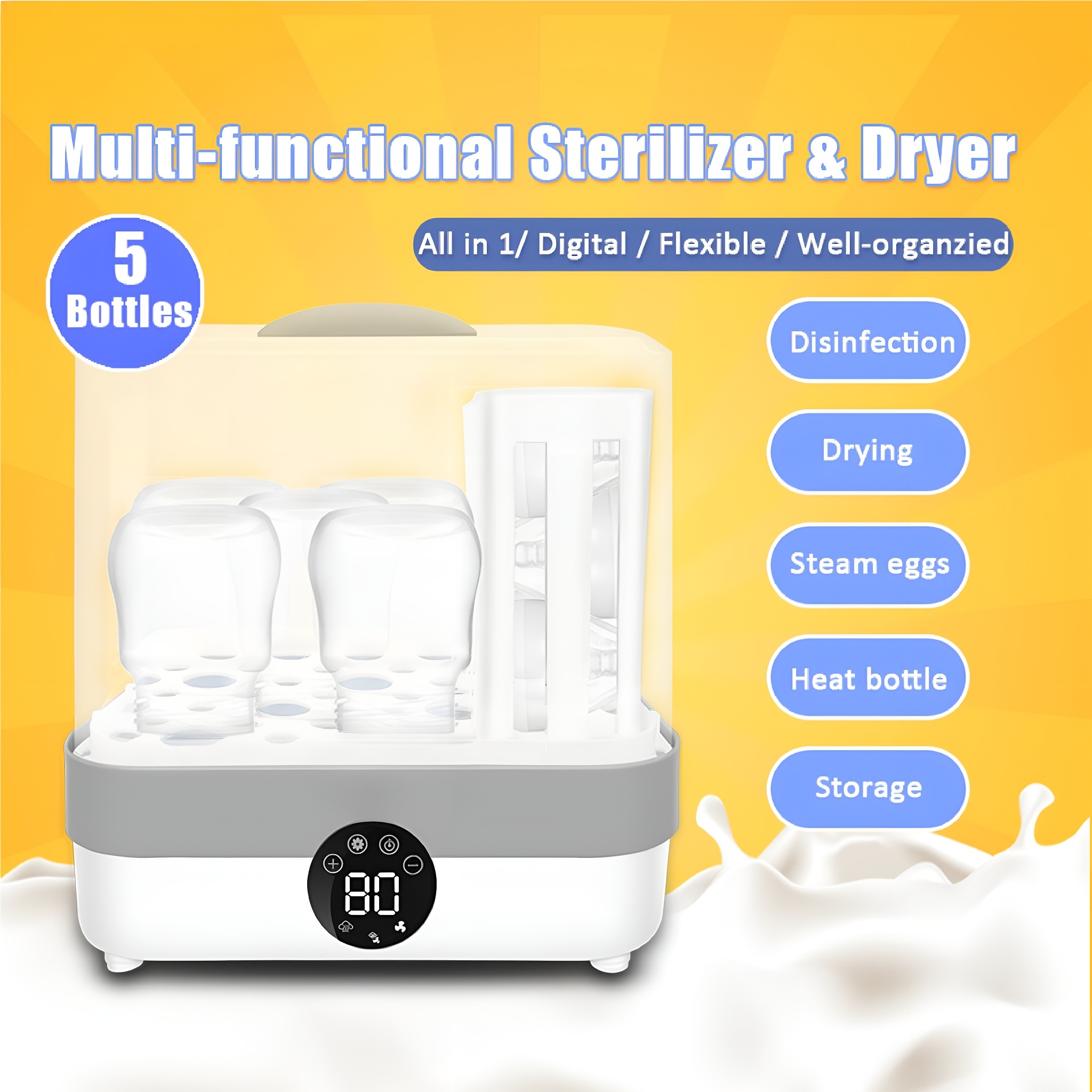 Sterilisator mit Flaschen. Digitalanzeige zeigt Temperatur. Weißer Hintergrund.