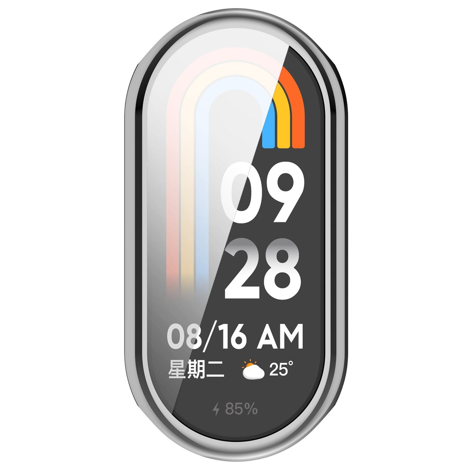 Smartwatch mit schwarzem Bildschirm, der Zeit und Datum anzeigt, Regenbogen-Display, auf weißem Hintergrund.