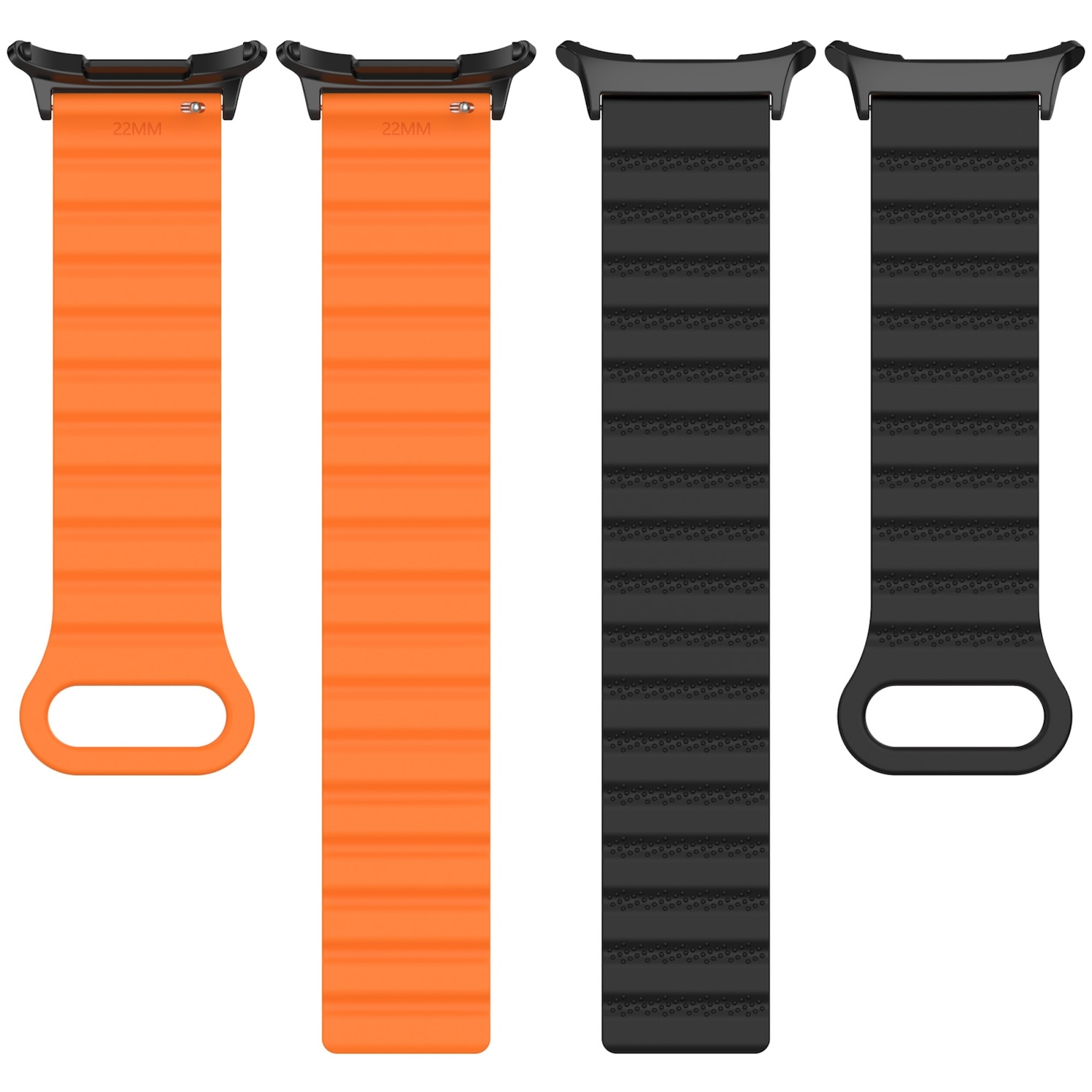 Zwei Paar Uhrenarmbänder: orange und schwarz. Jeder Riemen hat eine Schnalle.