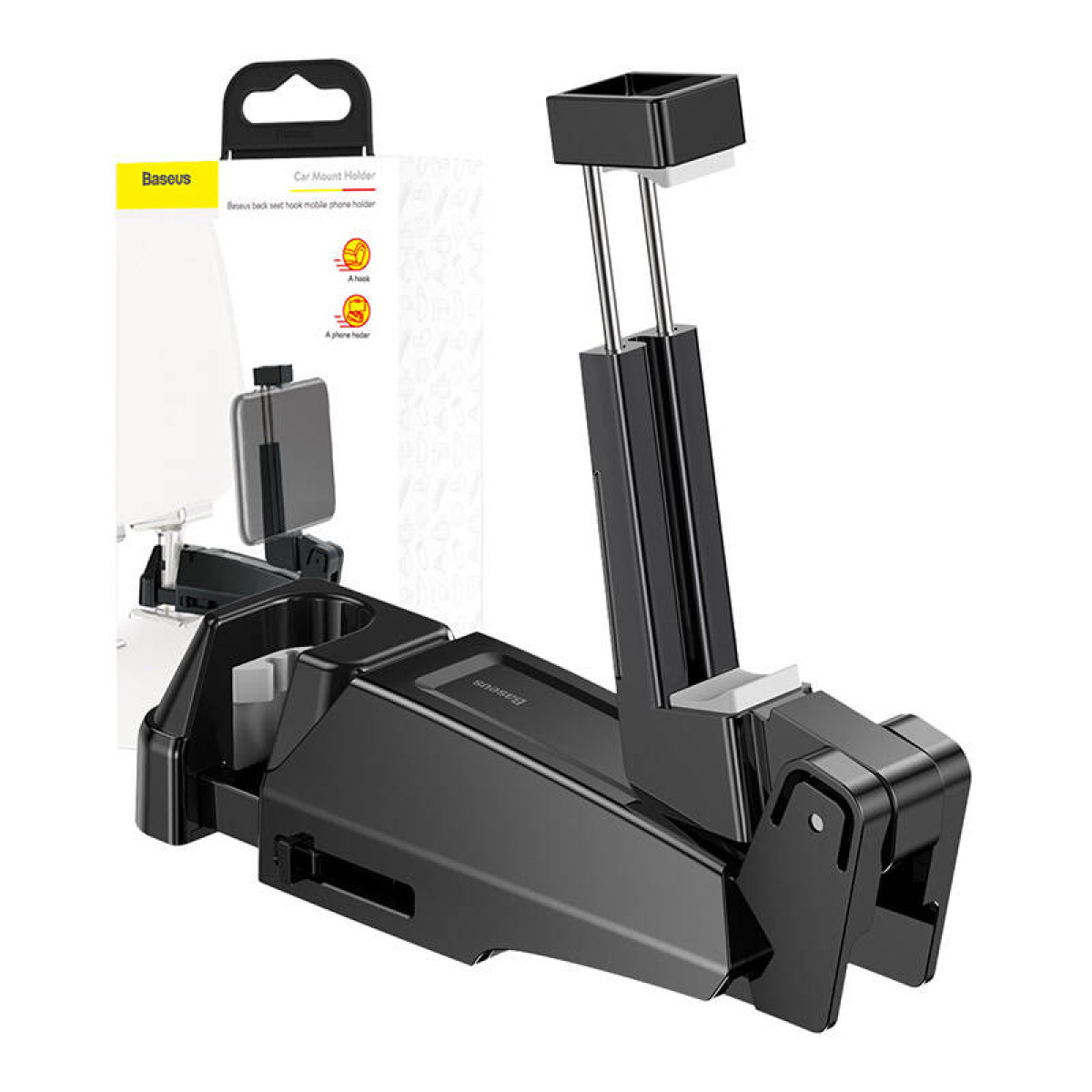 Schwarzer Autohalter für Telefone mit einer Box. Es hat einen Haken und eine Handyhalterung.
