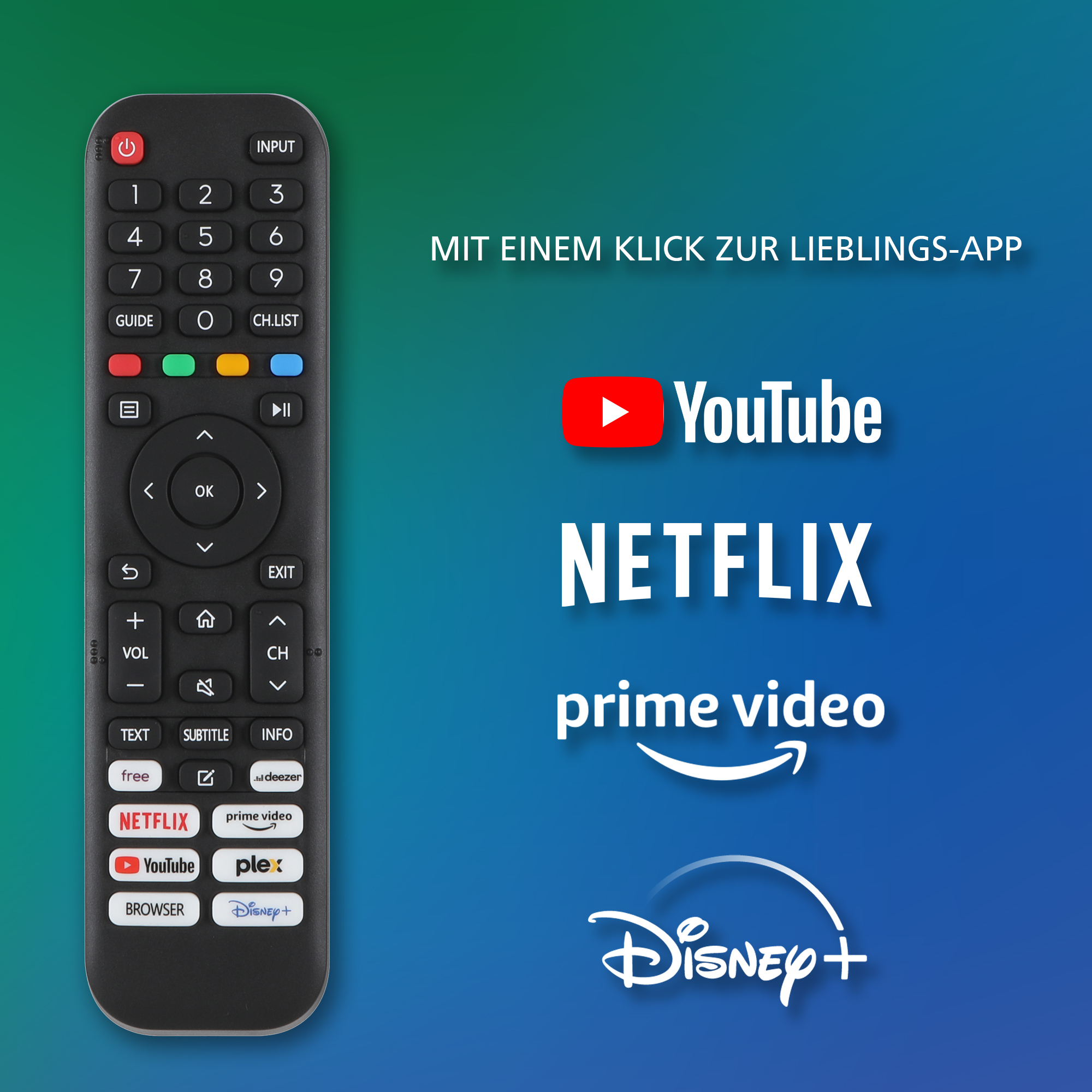 Eine schwarze TV-Fernbedienung mit Tasten und Streaming-Diensten. Enthält YouTube, Netflix usw.