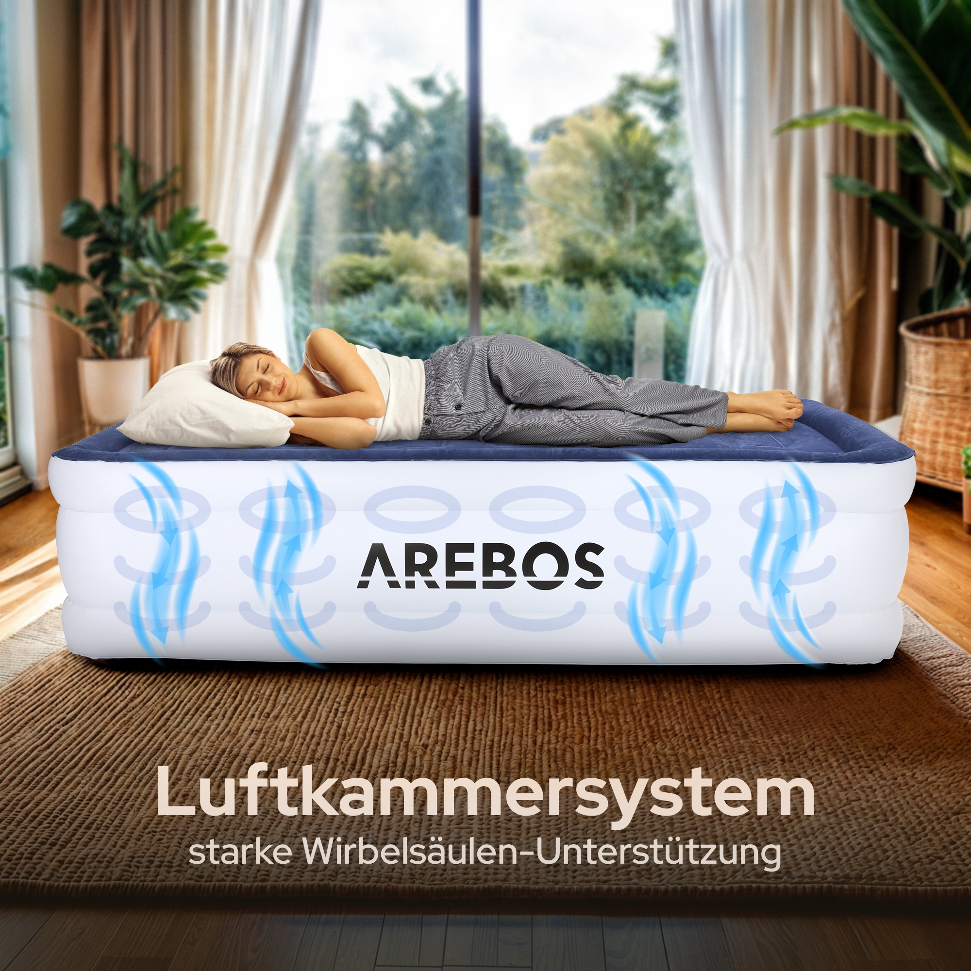 Eine Frau schläft auf einer Luftmatratze. Text: 'AREBOS' und 'Luftkammersystem starke Wirbelsäulen-Unterstützung'.