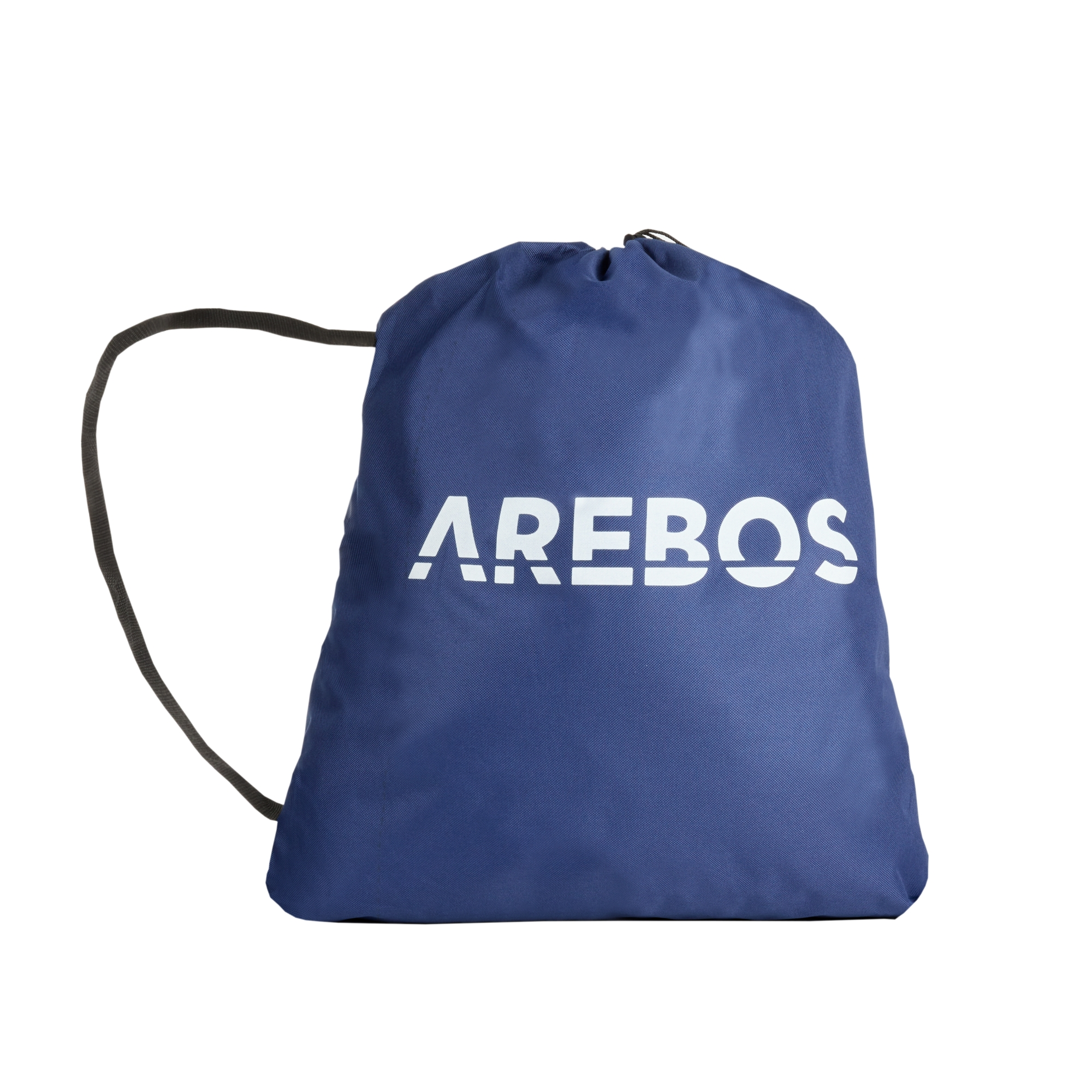 Eine blaue Kordelzugtasche mit weißem AREBOS-Text und einem schwarzen Riemen.