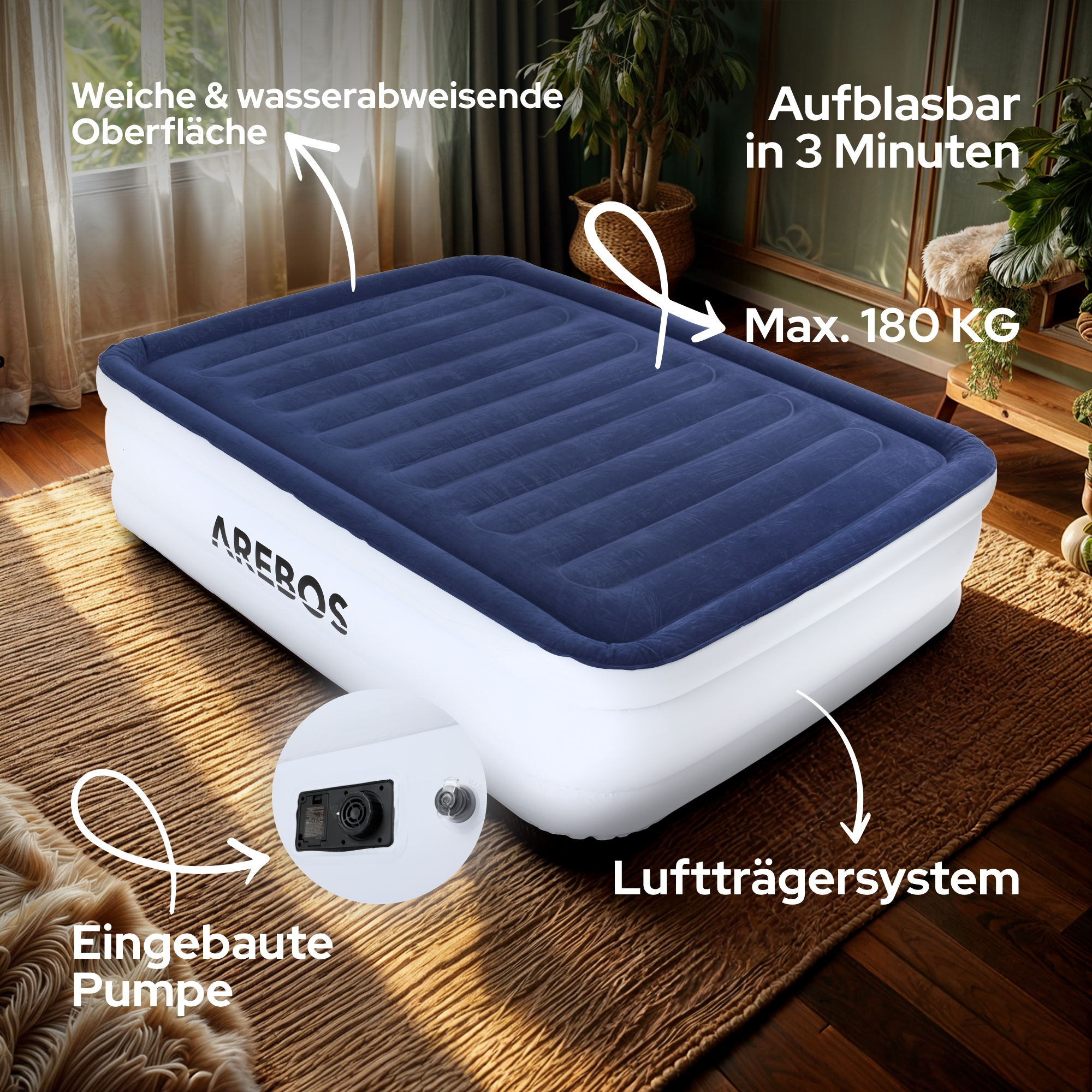Aufblasbares Bett mit blauem Oberteil und weißen Seiten. Text und ein Einsatz mit Pumpe.