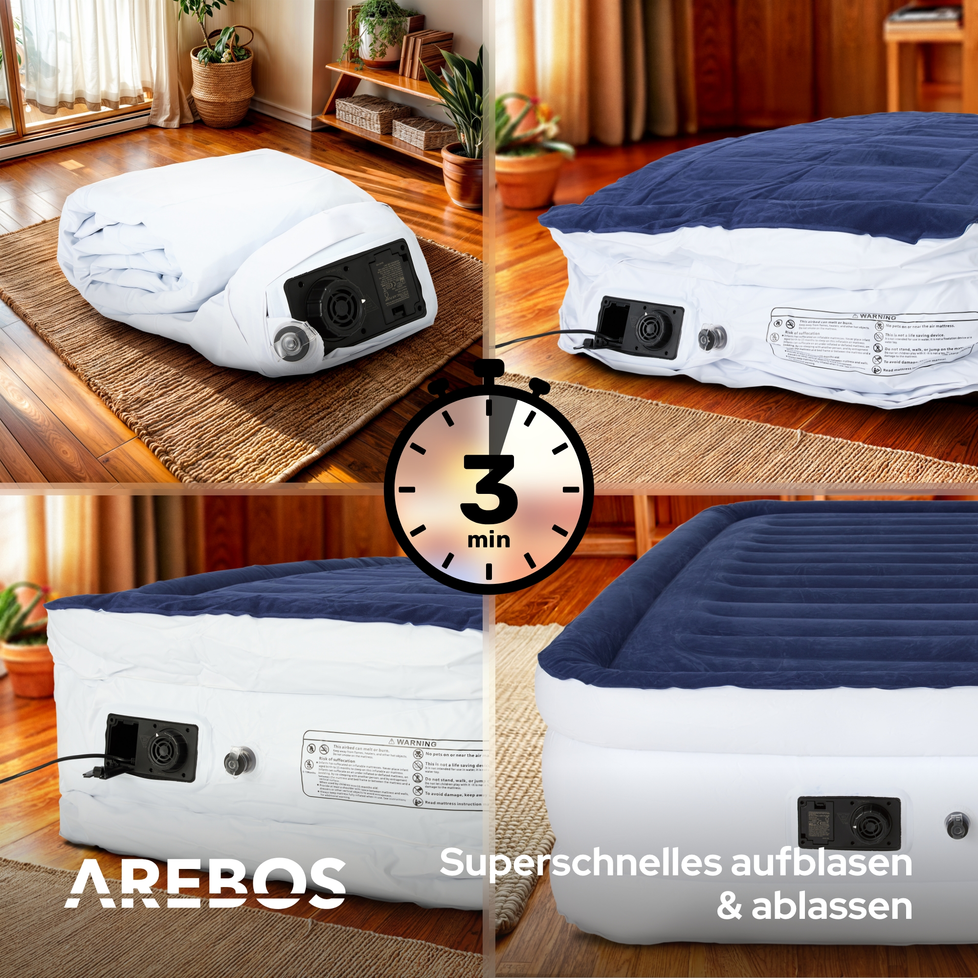 Collage einer aufblasbaren Matratze, die sich aufbläst, entleert und einen Timer zeigt.