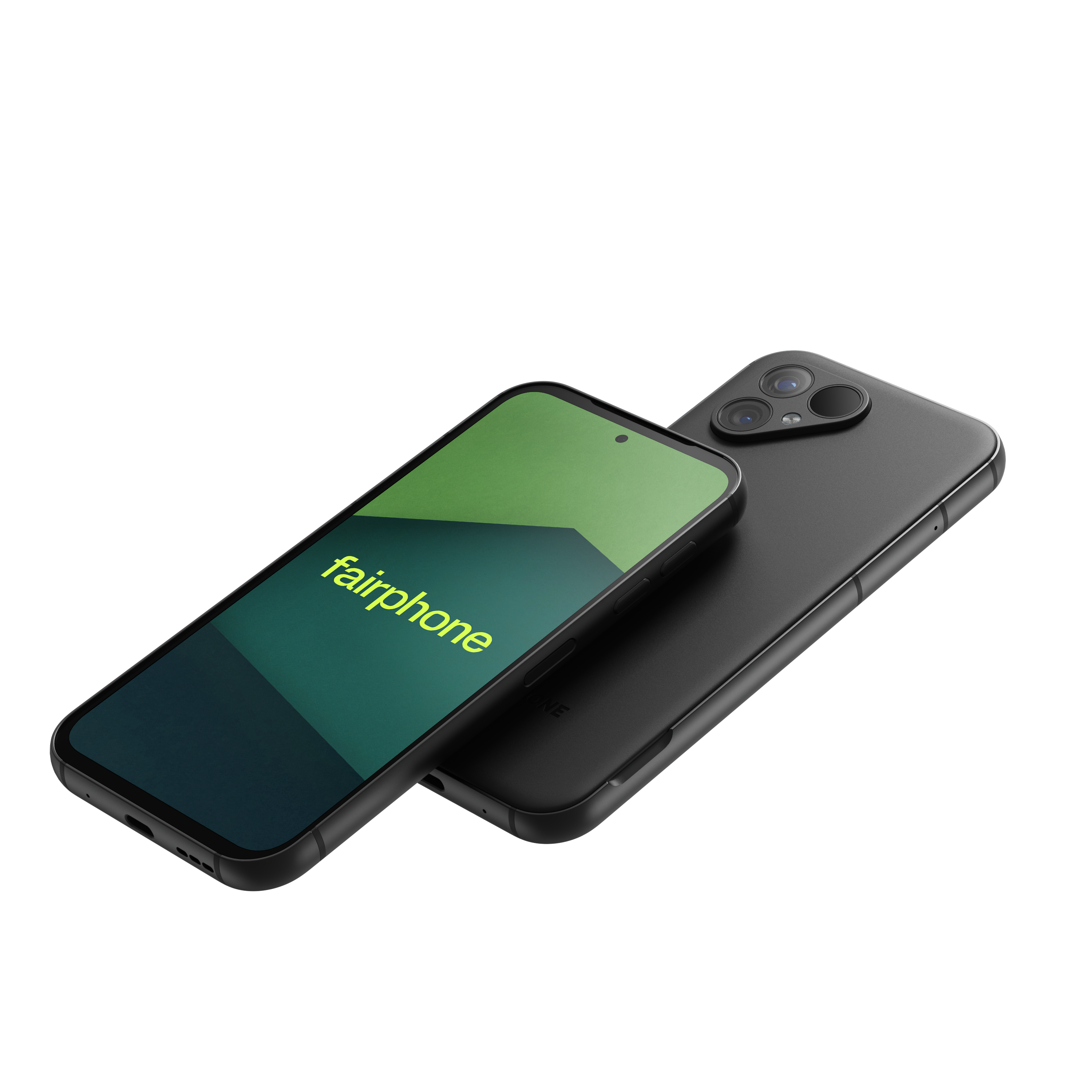 Dwa telefony, jeden z boku pokazujący ekran z logo, a drugi z tyłu.