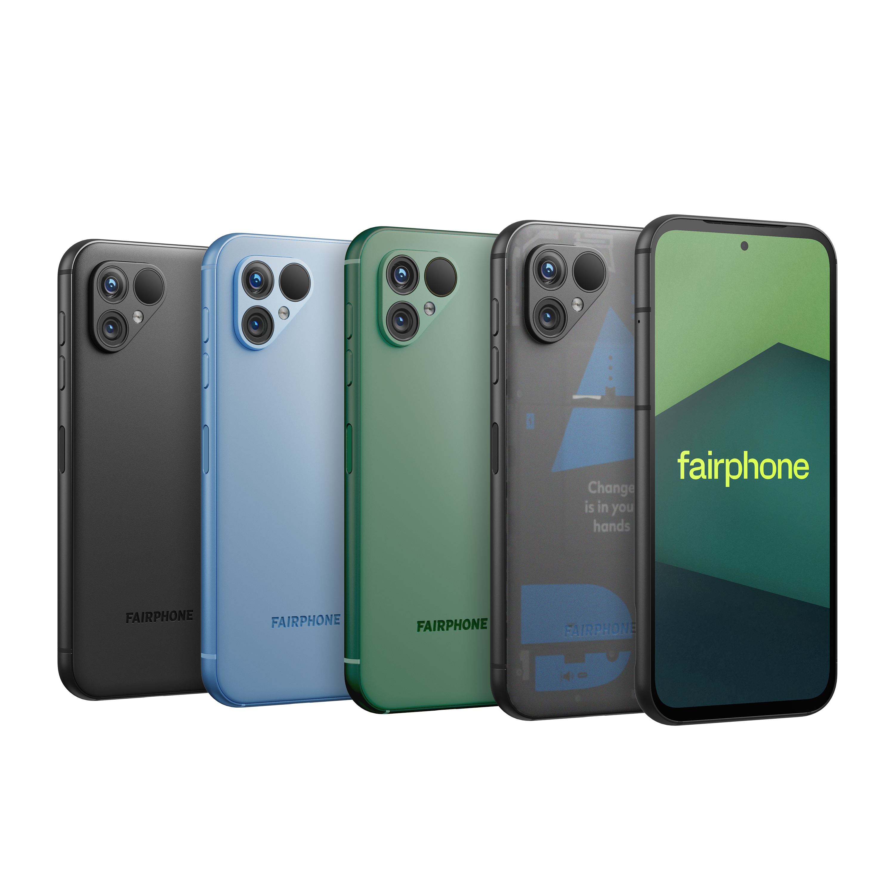 Pięć smartfonów w różnych kolorach, czarnym, niebieskim, zielonym, przezroczystym i szarym, z logo fairphone.