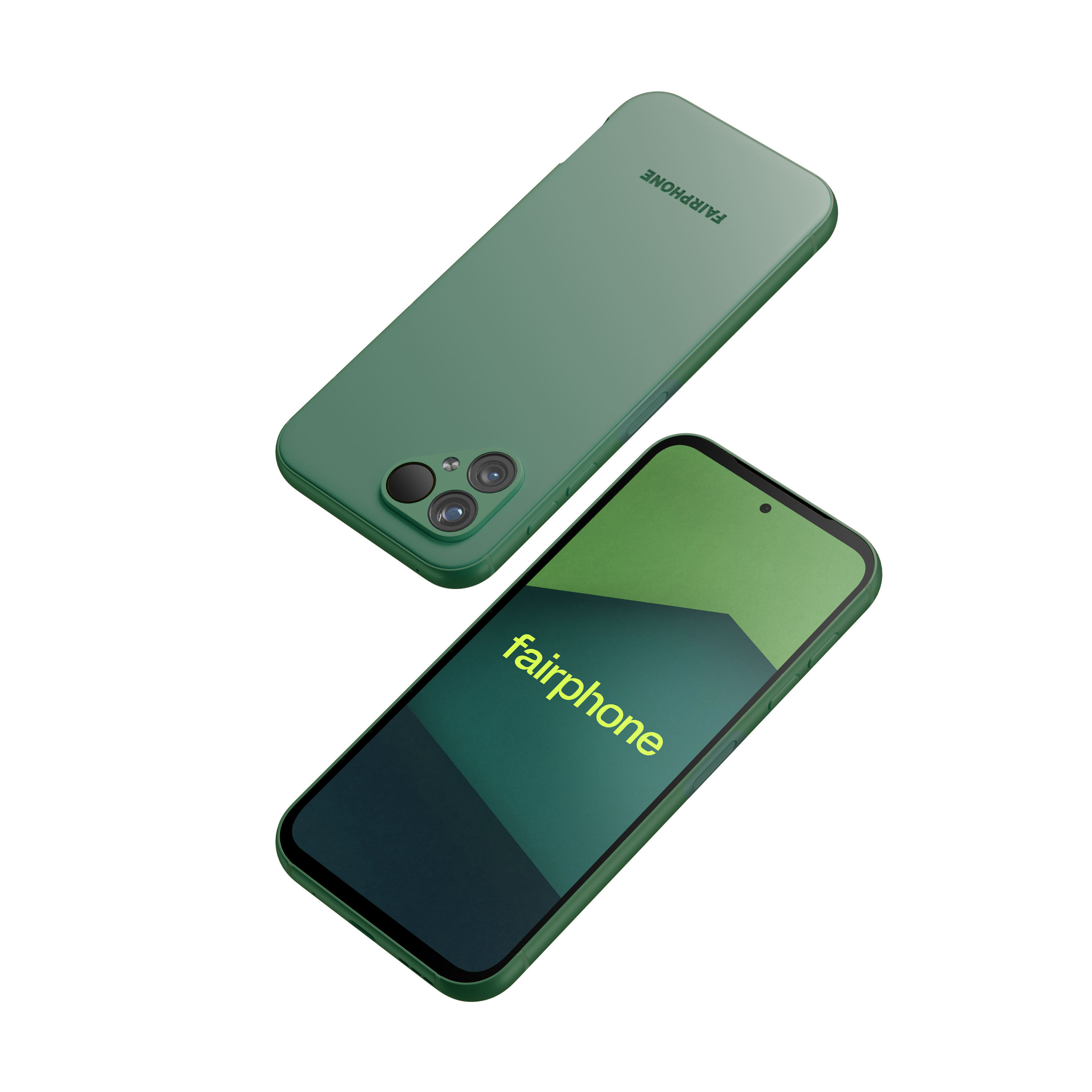 Dwa zielone smartfony Fairphone. Jeden wyświetla zielone logo na ekranie.