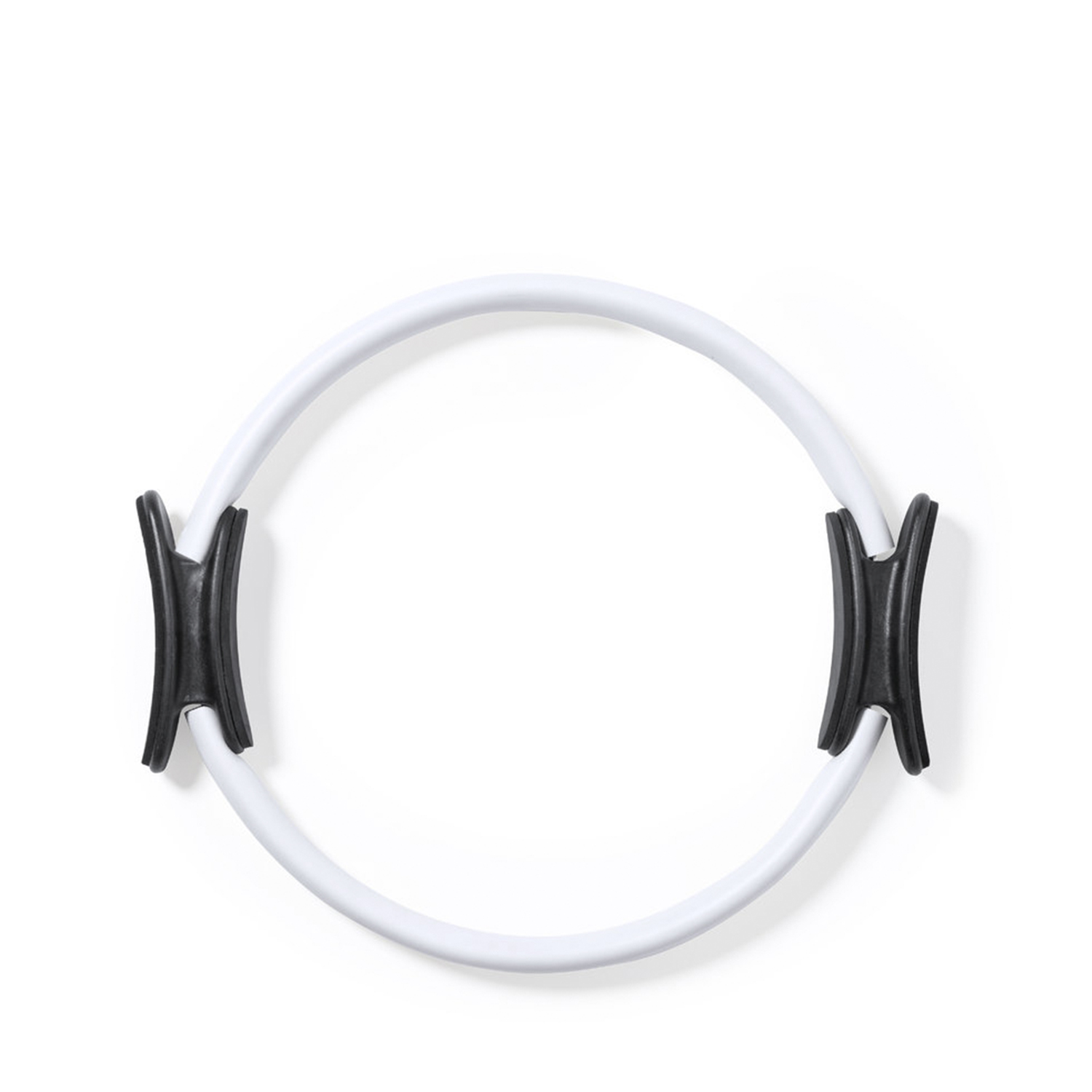 Un anillo de Pilates blanco con asas negras, aislado sobre fondo blanco.