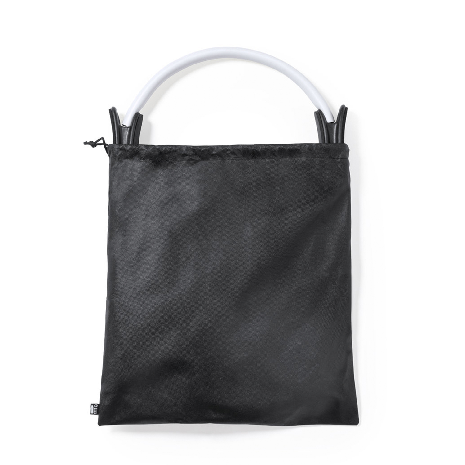 Bolso tote negro con asa blanca, aislado sobre fondo blanco.