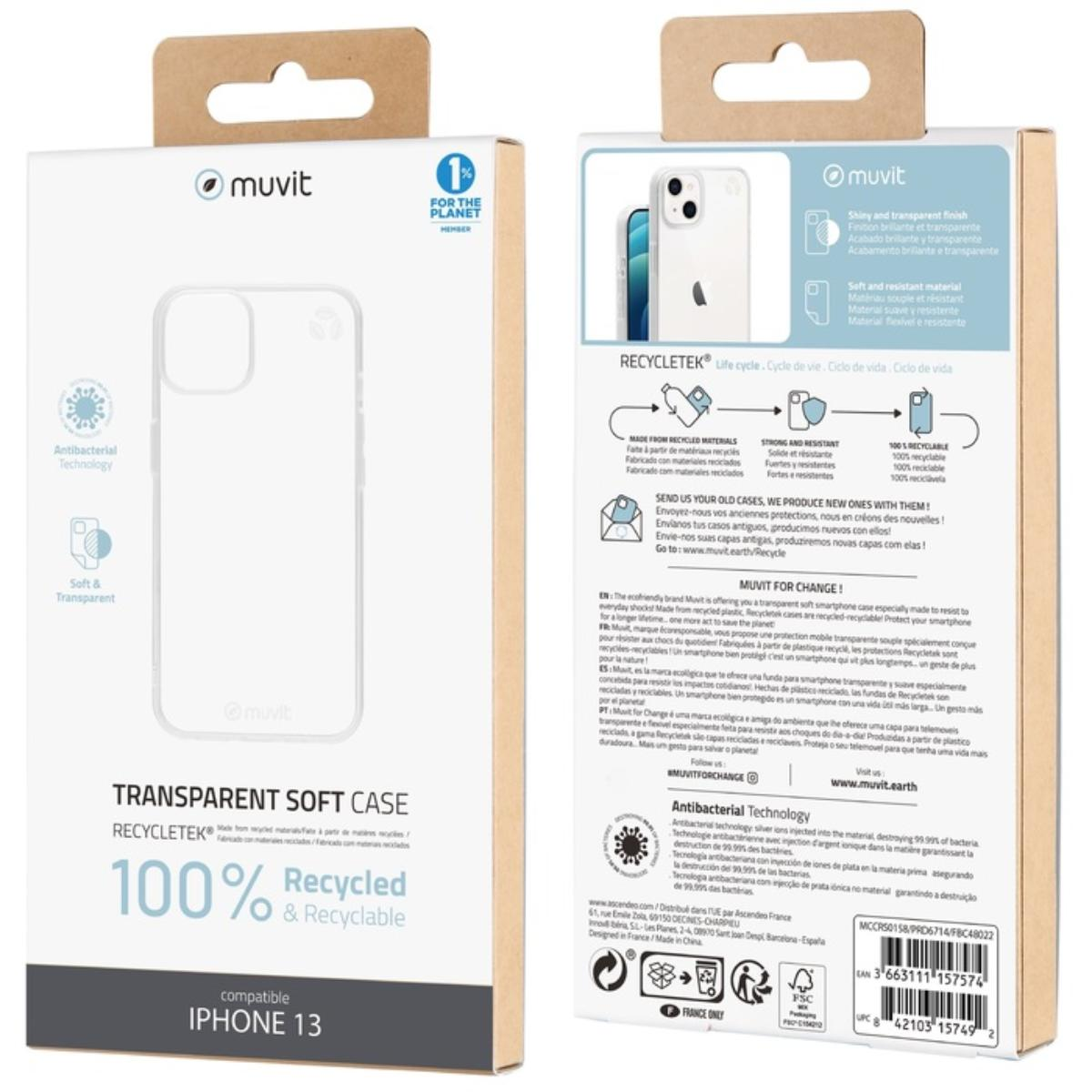 Confezione custodia per telefono. Sfondo bianco. Testo 'Recycled & Recyclable' e info brand.