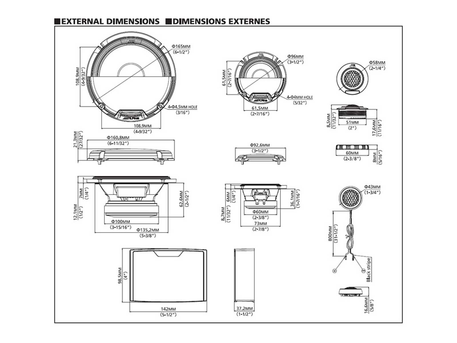 Detaillierte Diagramm von Auto-Audiokomponenten und deren Abmessungen in Millimetern.