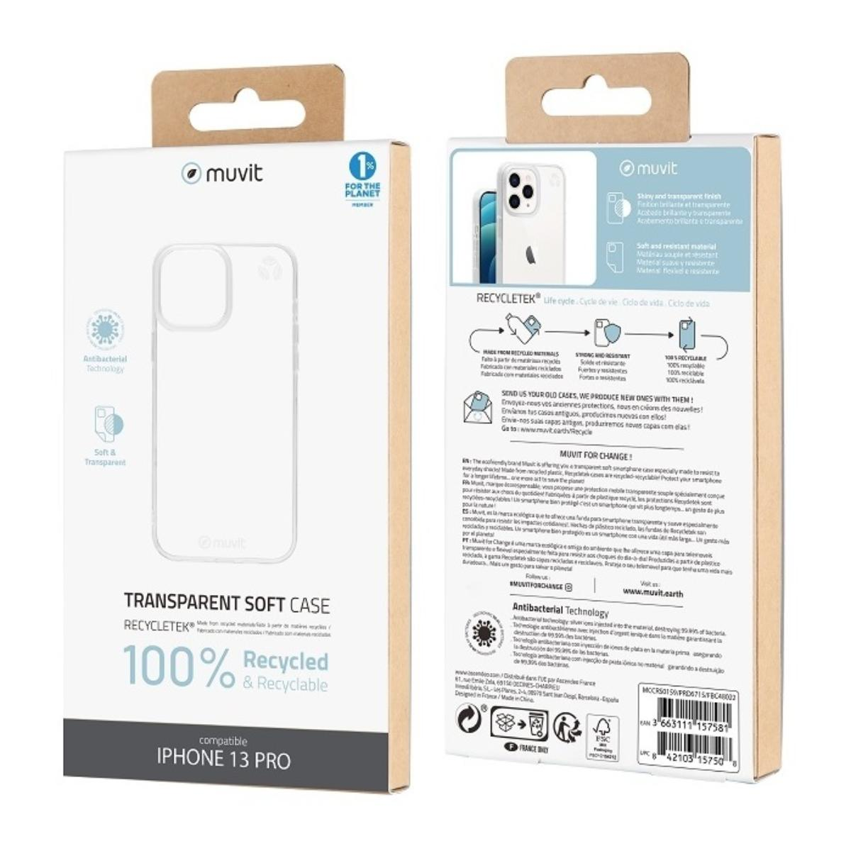 Confezione della custodia per telefono Muvit, con una custodia trasparente e informazioni sul riciclo e sulla tecnologia antibatterica.