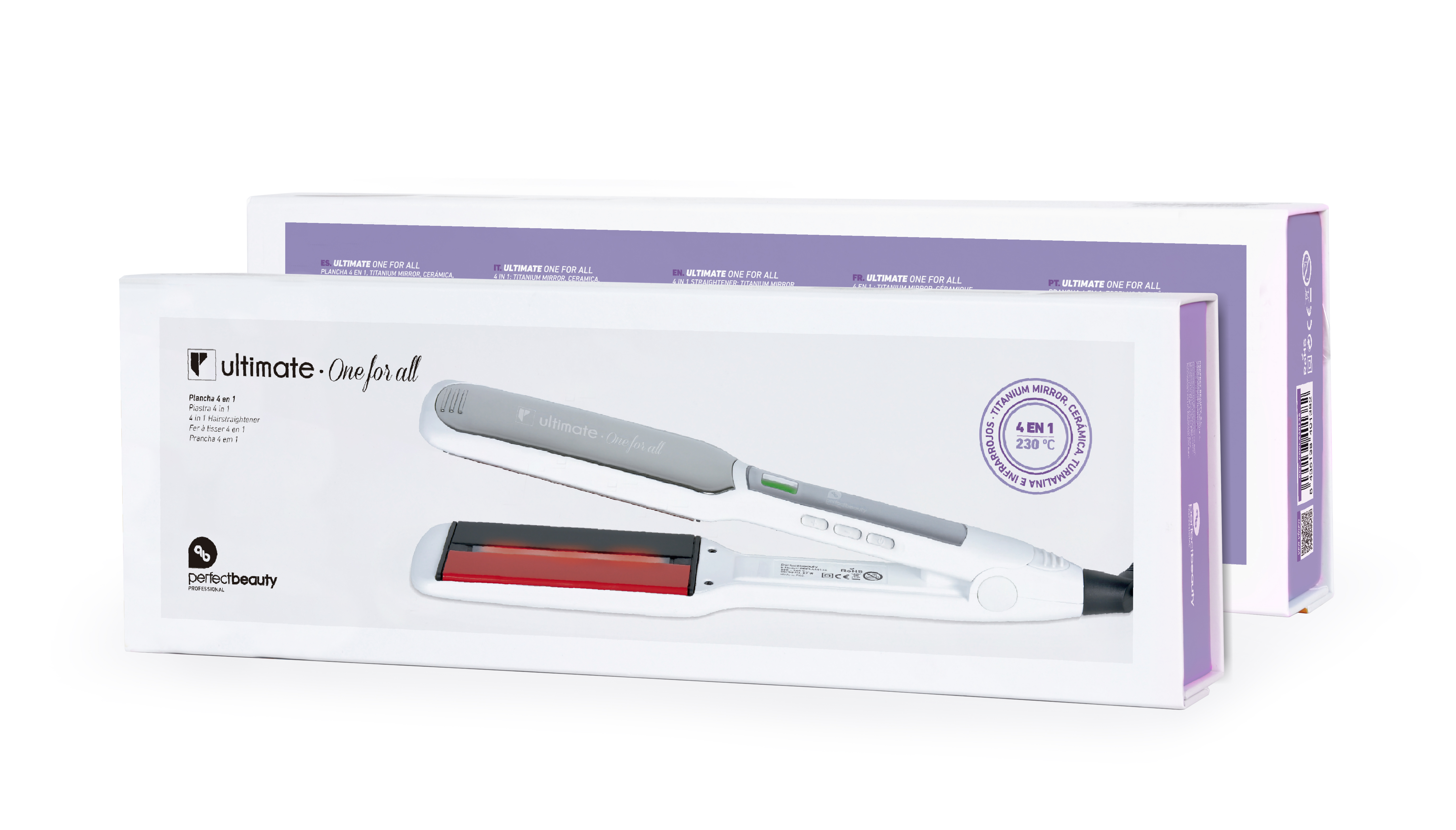 Dos cajas de una plancha de pelo blanca y gris, con detalles del embalaje.