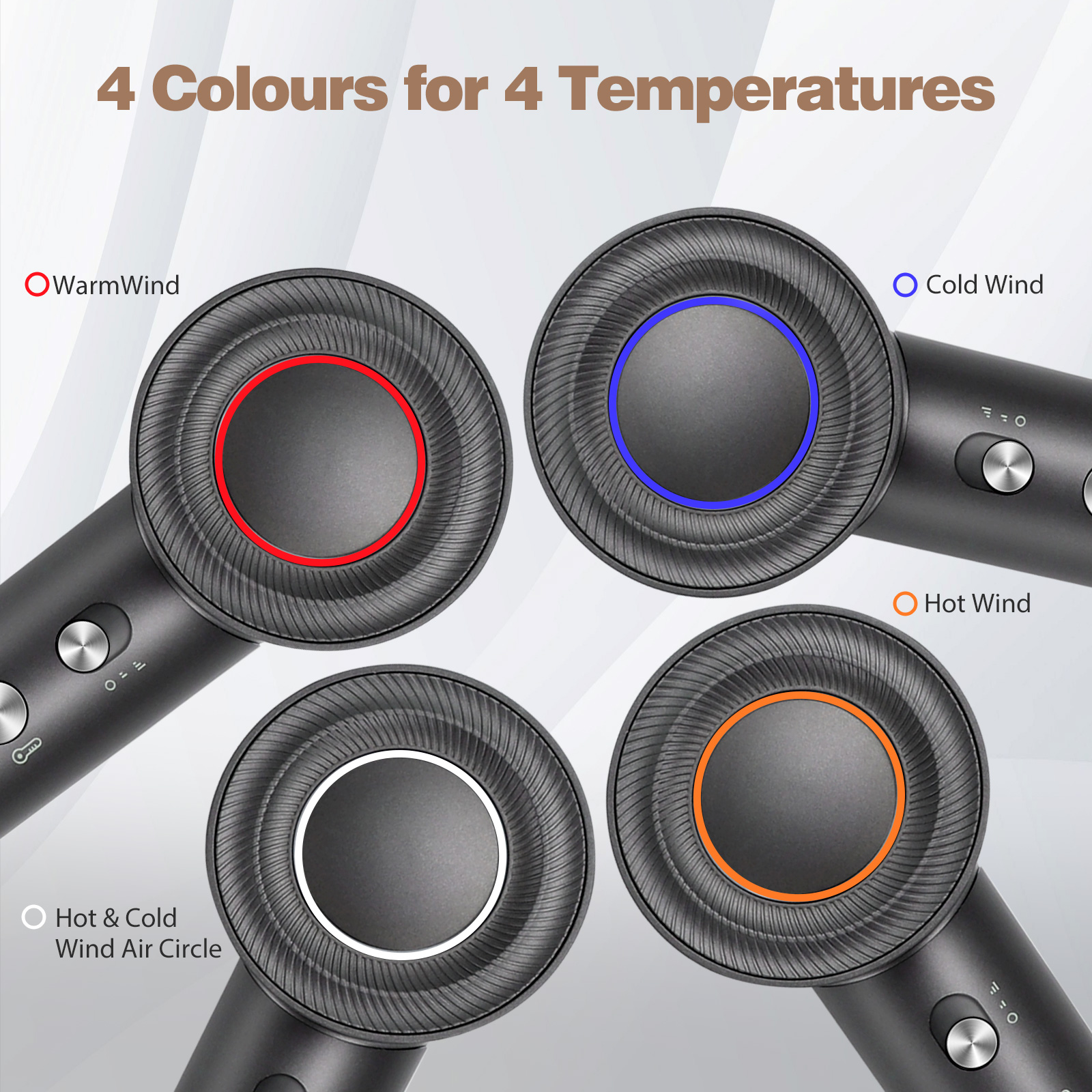 Primer plano de secador de pelo. 4 círculos de diferentes colores que indican ajustes de temperatura. Fondo negro.