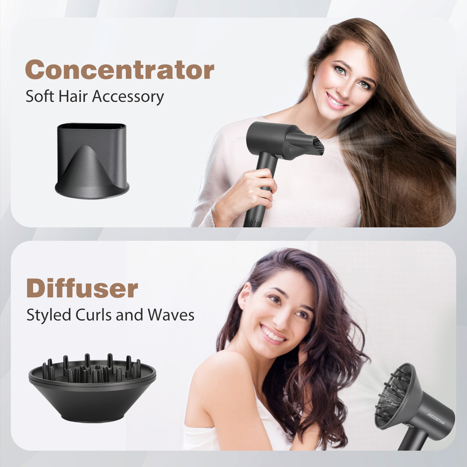 Mujer con accesorios de secador de pelo. La imagen muestra concentrador y difusor.