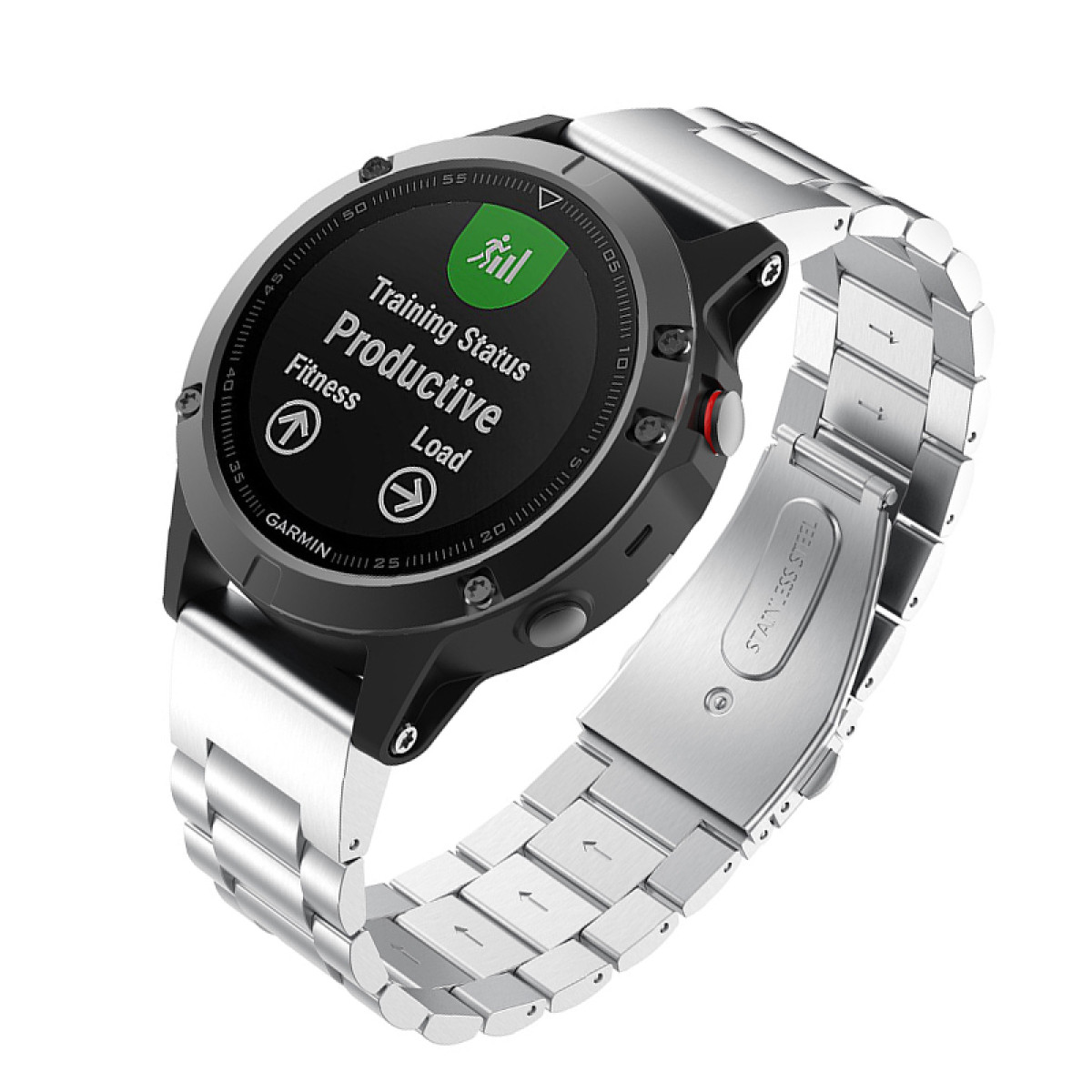 Eine schwarze Garmin Smartwatch mit silbernem Metallarmband, zeigt Trainingsstatus und Fitnessmetriken.