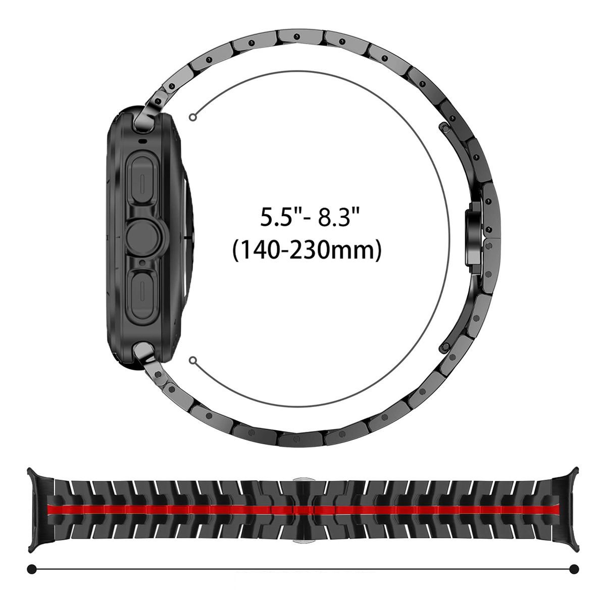 Czarny smartwatch z czarno-czerwonym paskiem. Zegarek jest z boku, a pasek płaski.