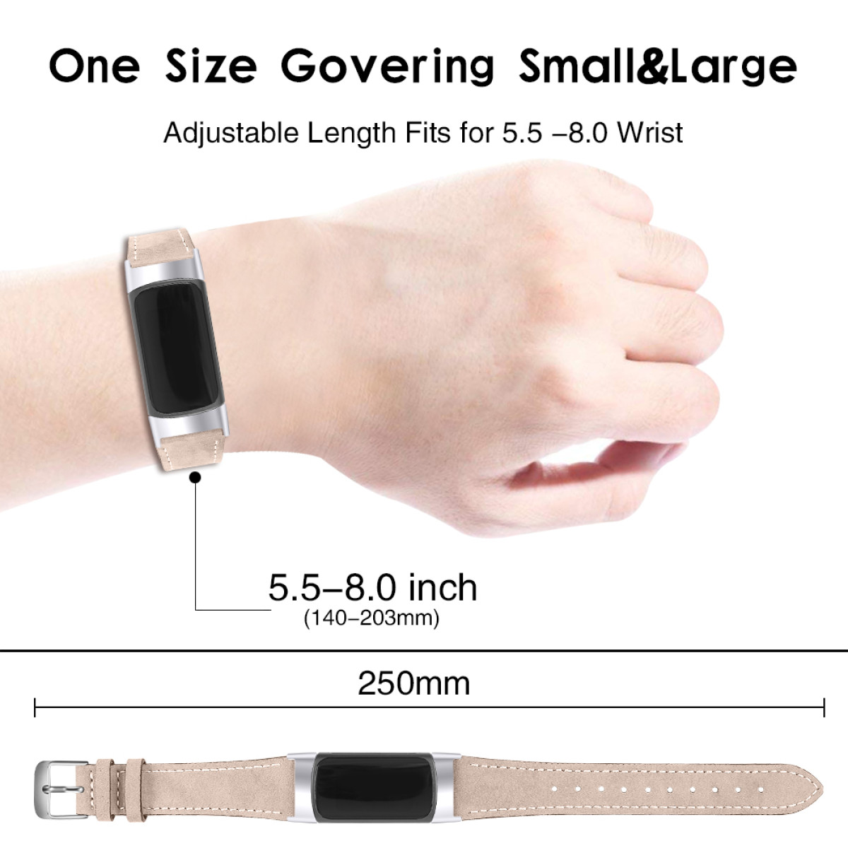 Osoba nosząca beżowy smartwatch z czarnym ekranem. Tekst wskazuje na regulowaną długość.