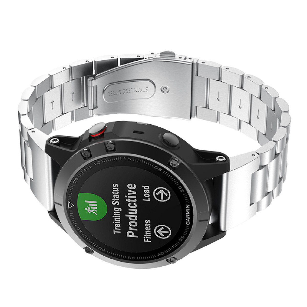 Eine Smartwatch mit Metallband zeigt Trainingsstatus, Produktivität und Fitnessdaten an.