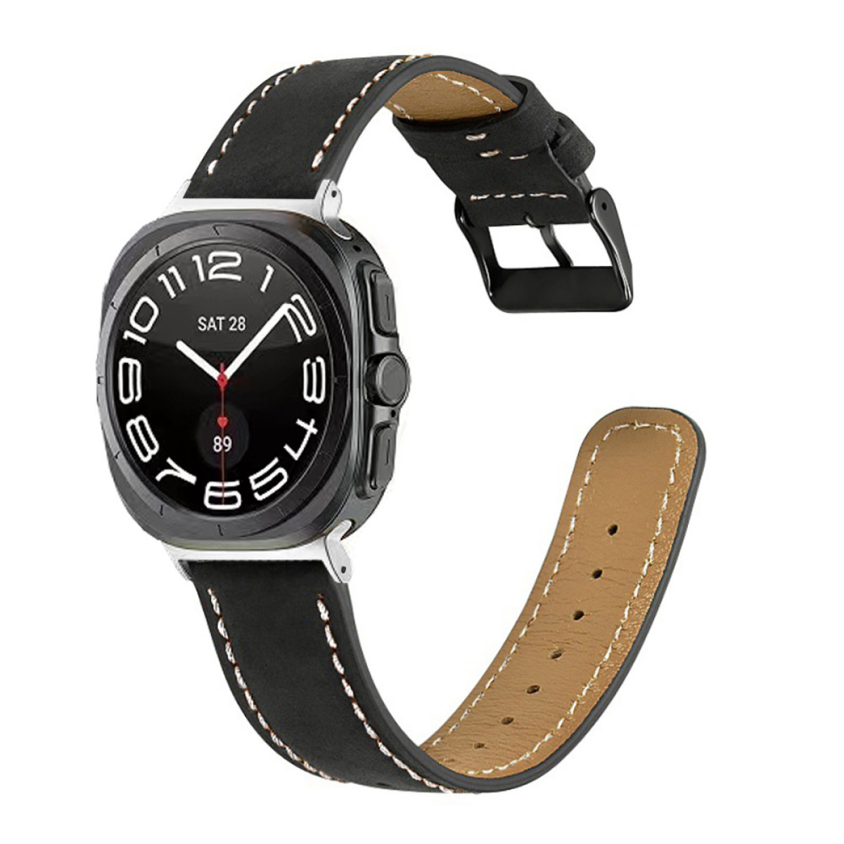 Schwarze Smartwatch mit Lederarmband, zeigt die Uhrzeit, mit weißem Hintergrund.