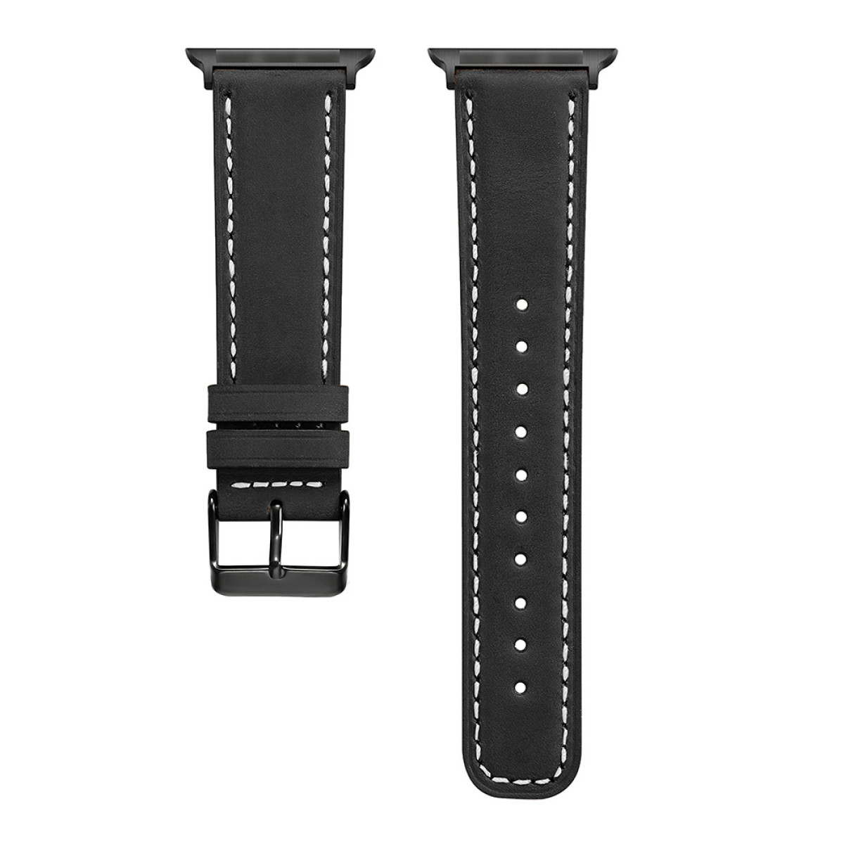 Schwarze Uhrenarmbänder mit weißen Nähten. Ein Armband hat eine Schnalle, das andere Löcher zur Anpassung.