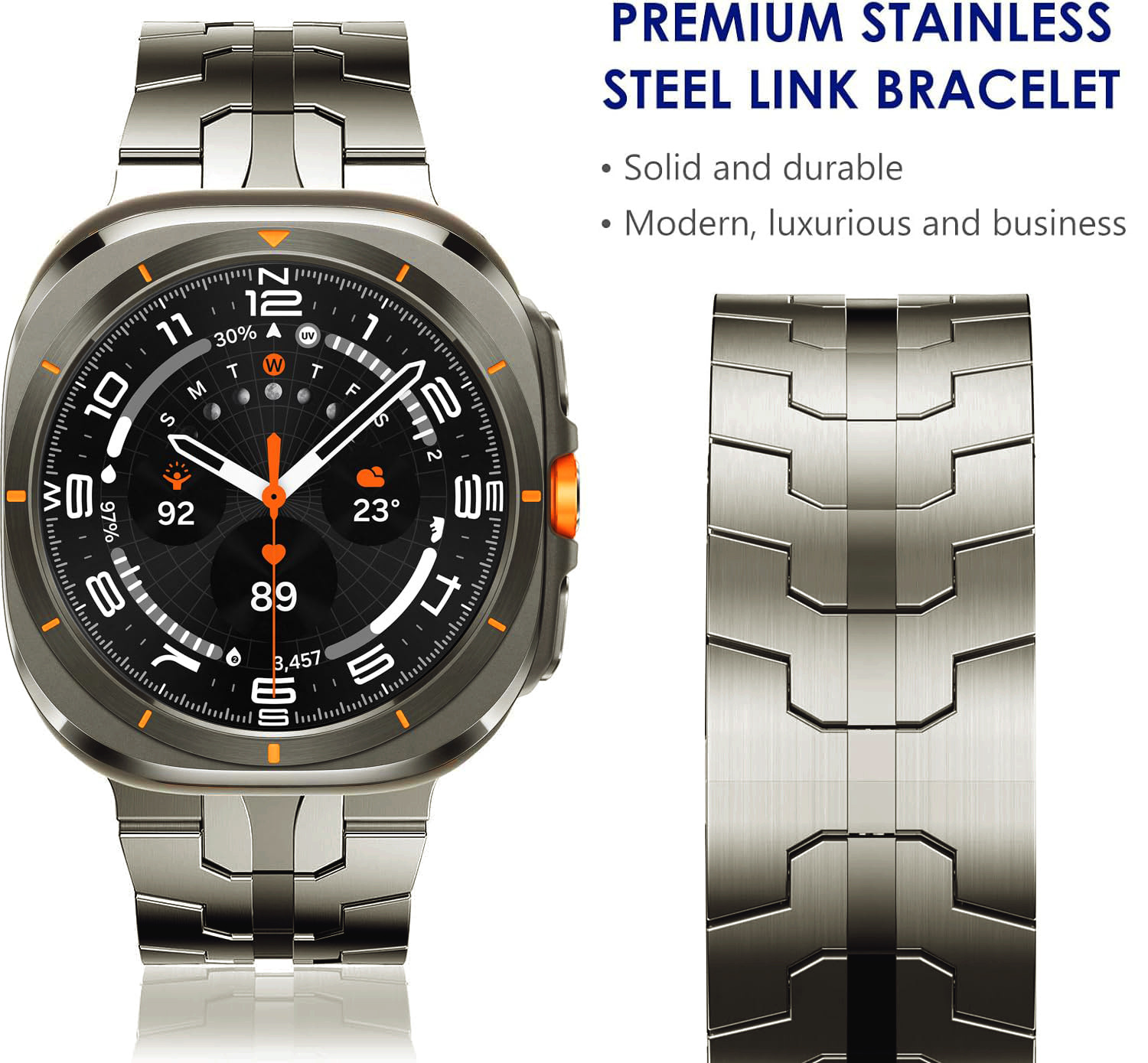 Srebrny smartwatch z bransoletą, pokazujący ekran i bransoletę.