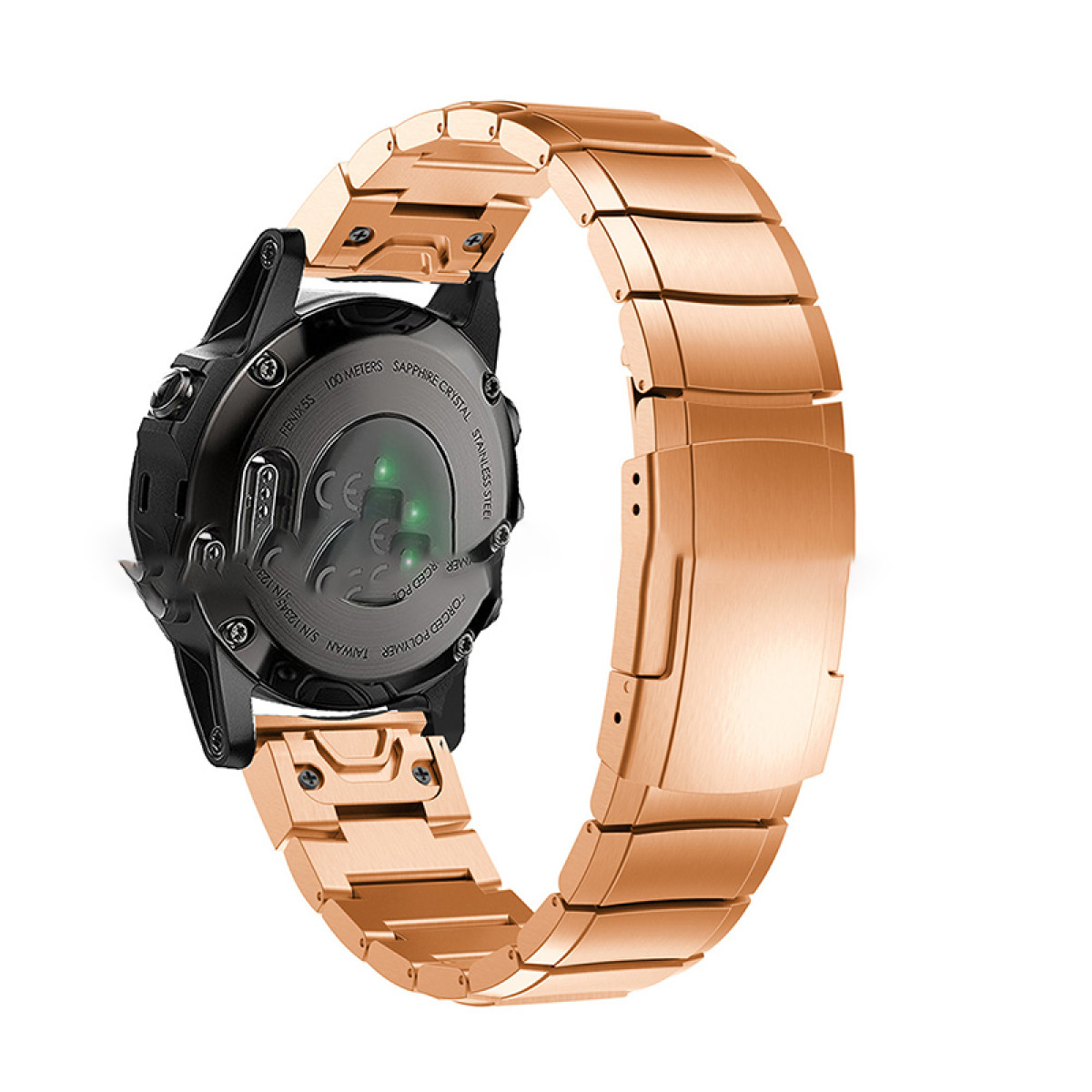 Ein roségoldenes Uhrenarmband, das an einem schwarzen Zifferblatt befestigt ist. Nahaufnahme, weißer Hintergrund.