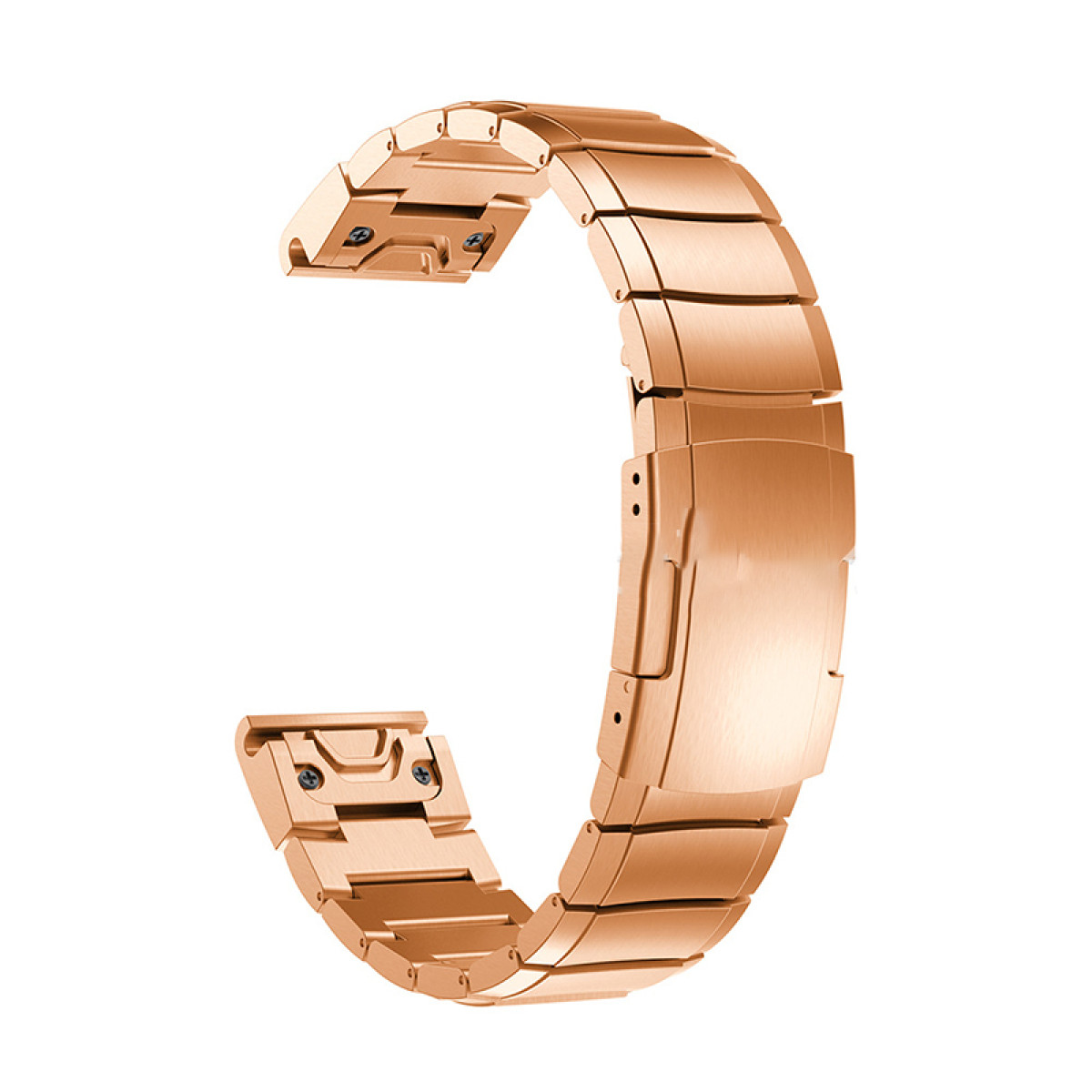 Ein roségoldfarbenes Uhrenarmband auf weißem Hintergrund. Es besteht aus Metall.