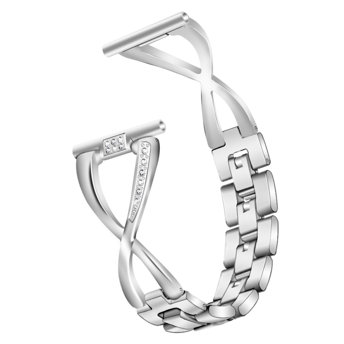 Silbernes Uhrenarmband mit Kristallen. Das Armband hat ein Unendlichkeitsdesign. Kristalle oben.