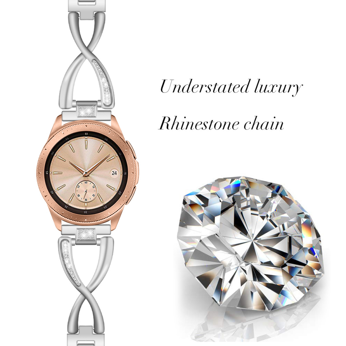 Roségoldene Uhr an silbernem Band, ein Diamant und Text auf weißem Hintergrund.