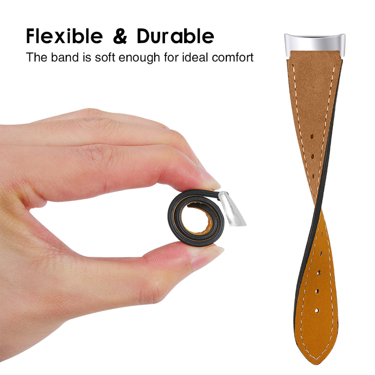 Dłoń trzymająca brązowy skórzany pasek do zegarka, który jest elastyczny.