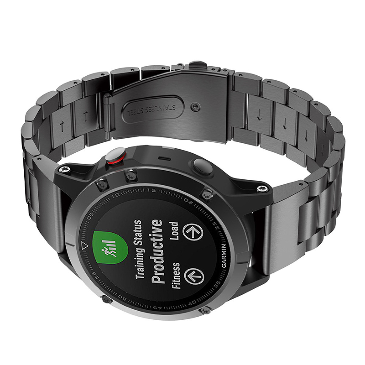 Eine schwarze Smartwatch mit schwarzem Metallband, die Fitnessdaten und das Wort 'GARMIN' anzeigt.