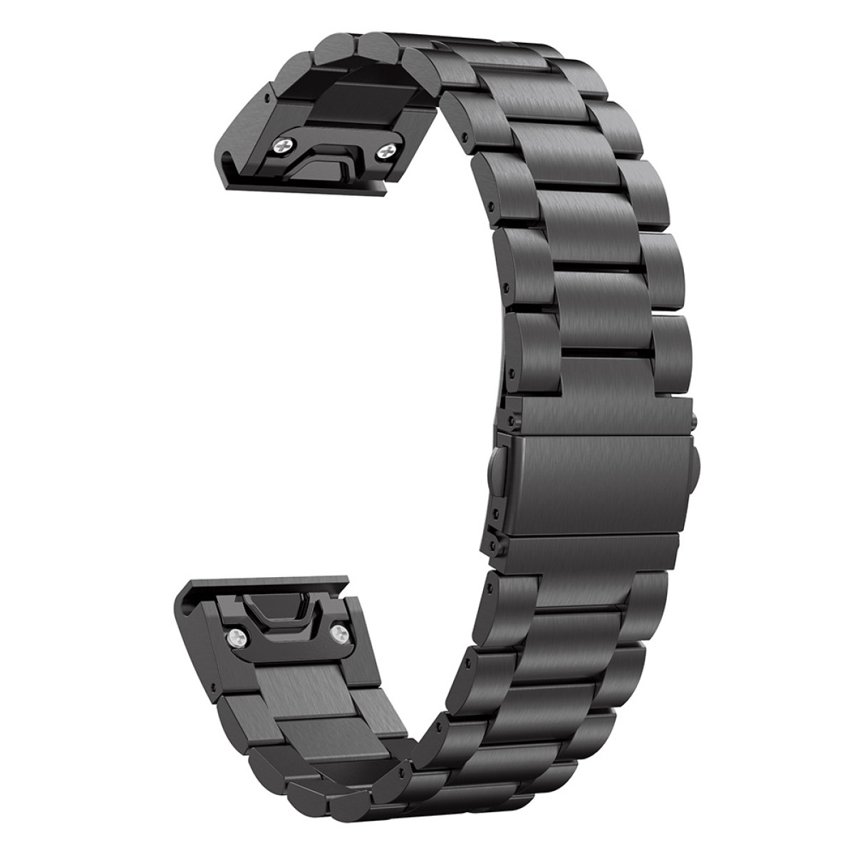 Schwarzes Metall-Uhrenarmband. Die Glieder sind verbunden. Weißer Hintergrund.