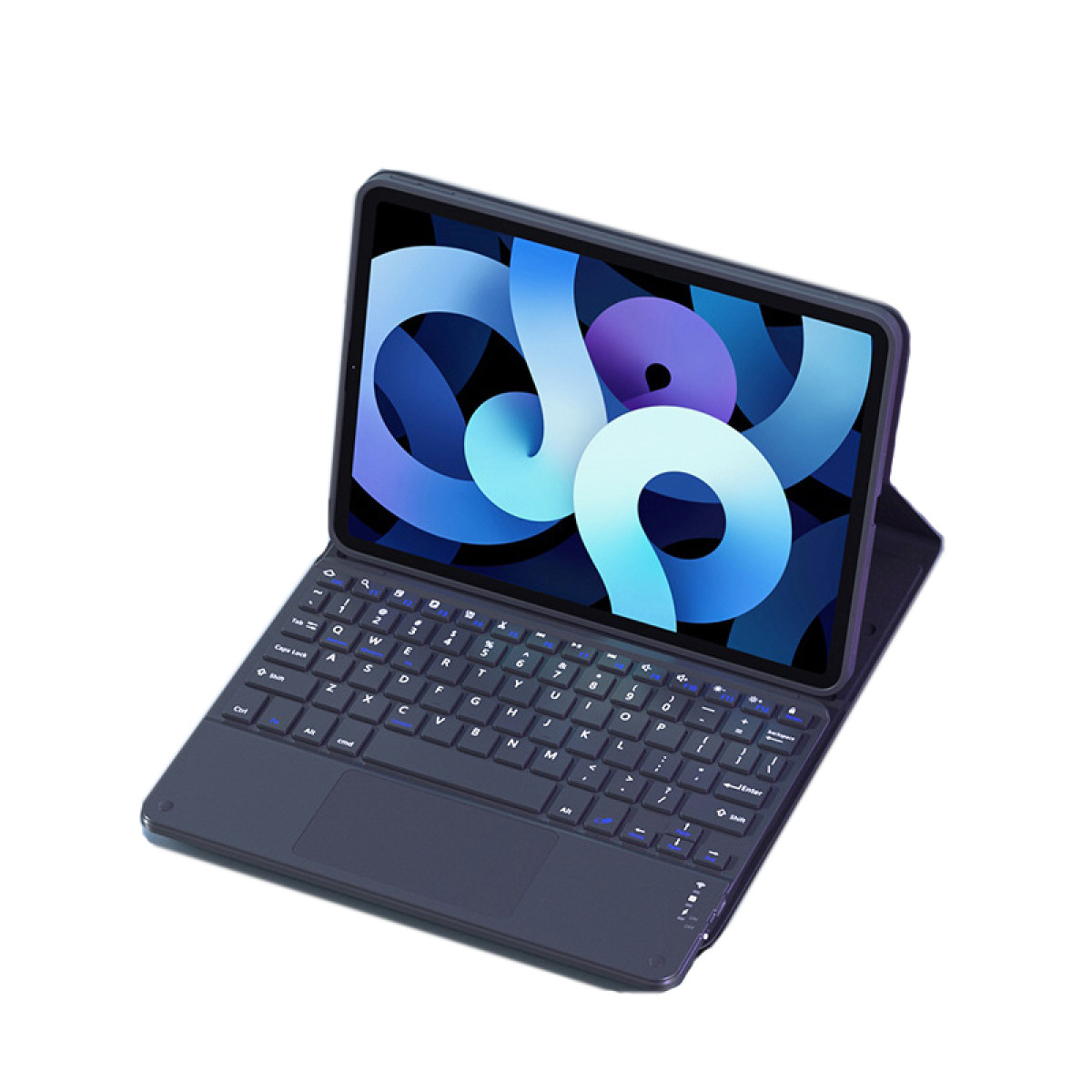 Laptop met donkerblauwe toetsenbordhoes, open, met een kleurrijk beeld op het scherm.