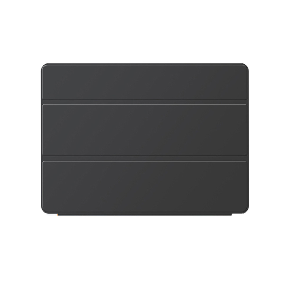 Een gesloten, zwarte rechthoekige hoes, waarschijnlijk voor een tablet, met drie horizontale lijnen.