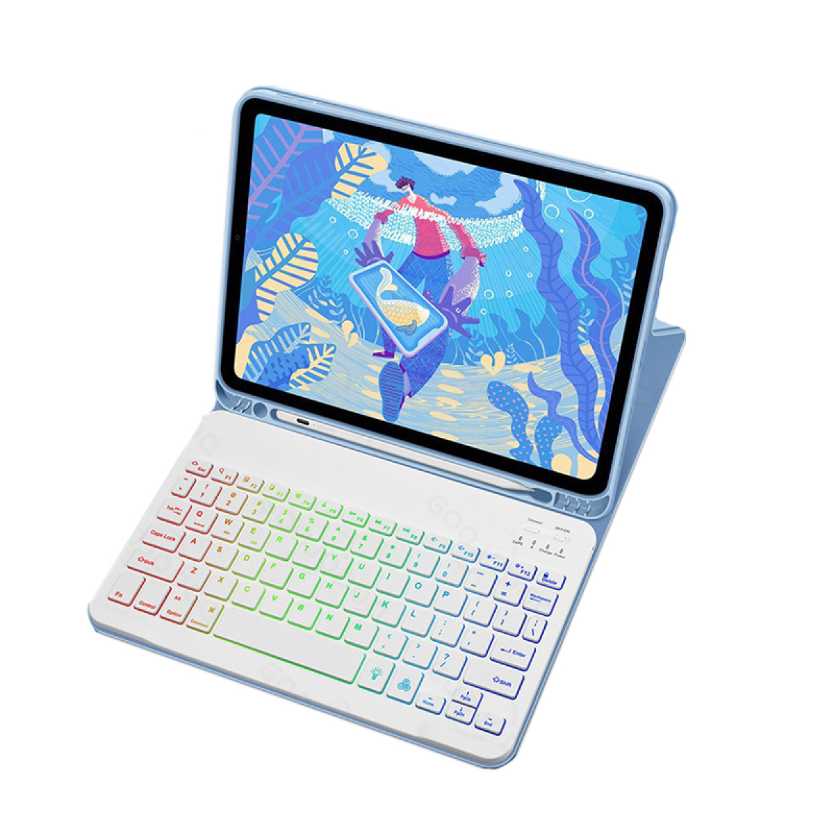 Tablet met toetsenbord. Blauwe tablet met kleurrijk toetsenbord, stylus en schermkunst.