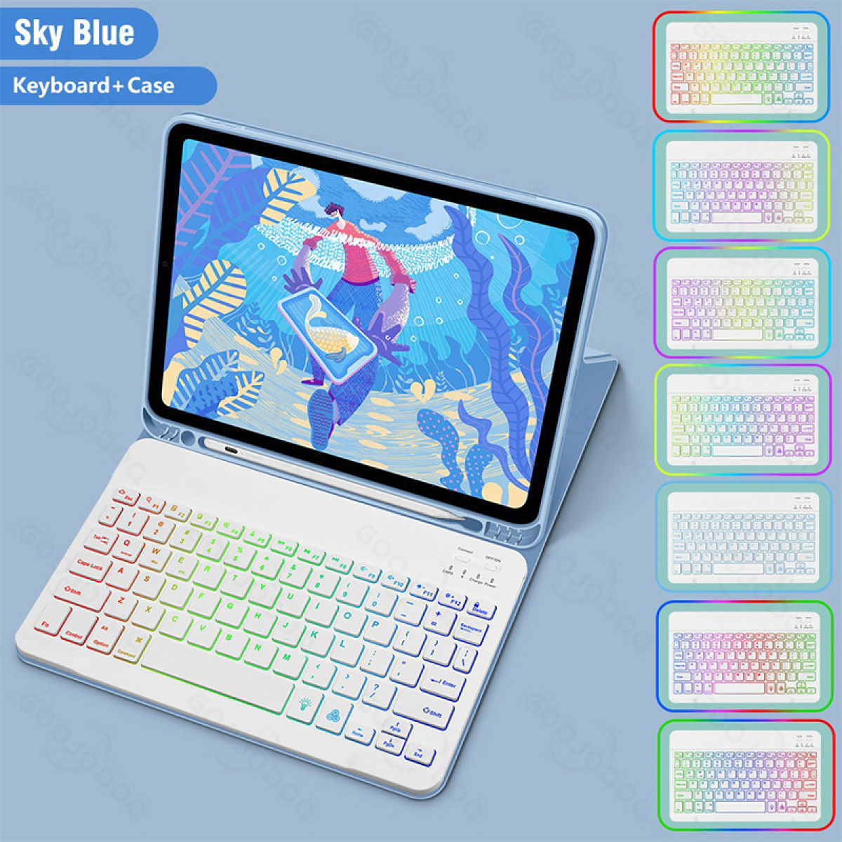 Een hemelsblauwe tablet met toetsenbord. Er worden ook meerdere toetsenborden in verschillende kleuren getoond.