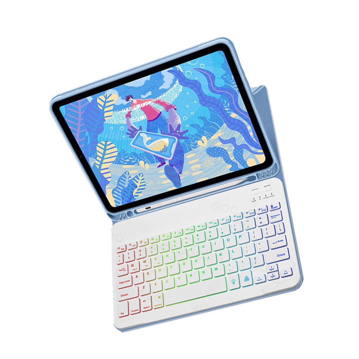 Blauwe tablet met toetsenbord. Het scherm toont een cartoon met heldere kleuren.