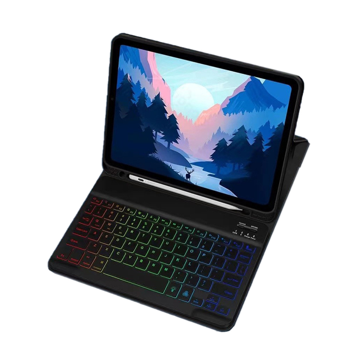 Zwarte tablet met toetsenbordhoes. Toetsenbord met regenboogkleurige verlichte toetsen, witte stylus bevestigd.