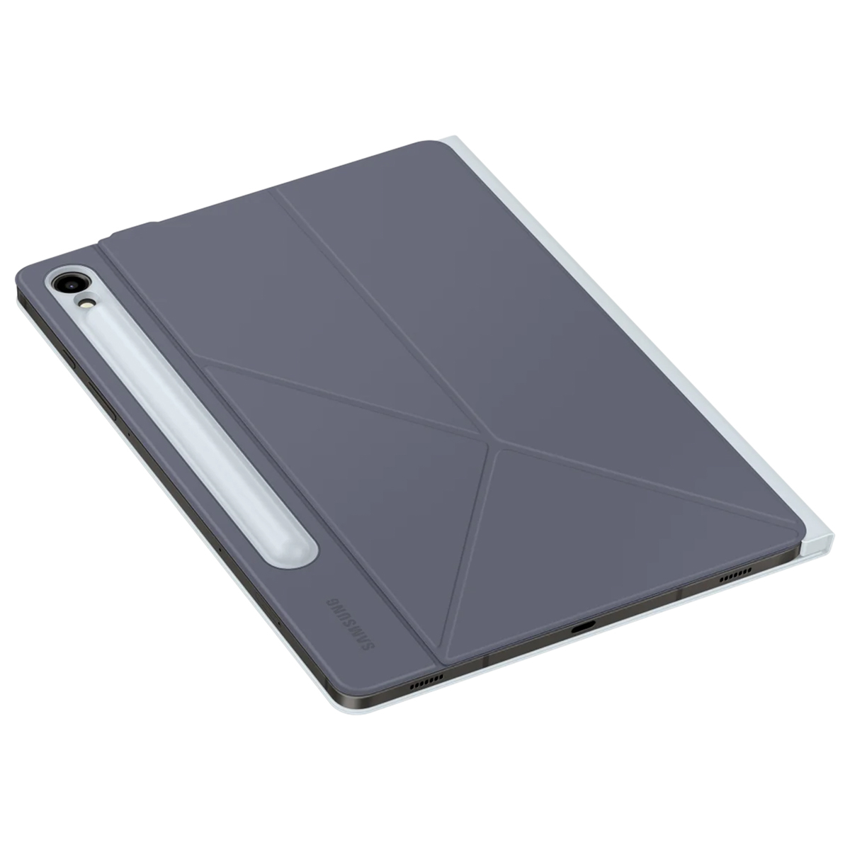Een grijze tablet met een stylus eraan. De tablet heeft een hoes eroverheen gevouwen.