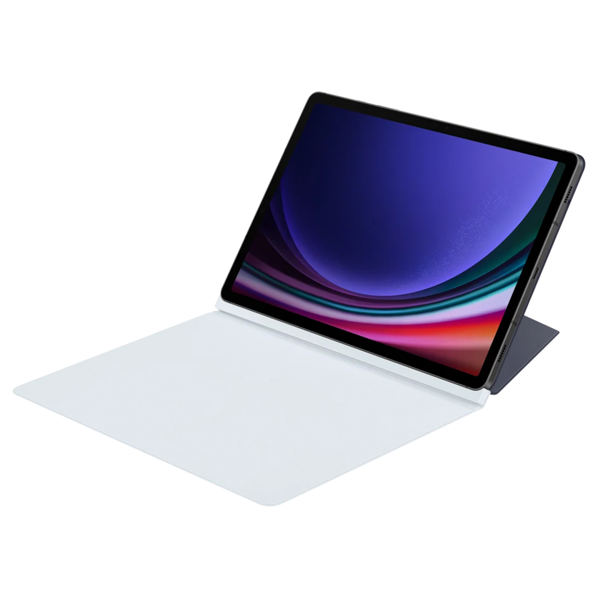 Tablet met scherm dat een kleurrijke abstracte afbeelding toont. Witte cover is gedeeltelijk open.
