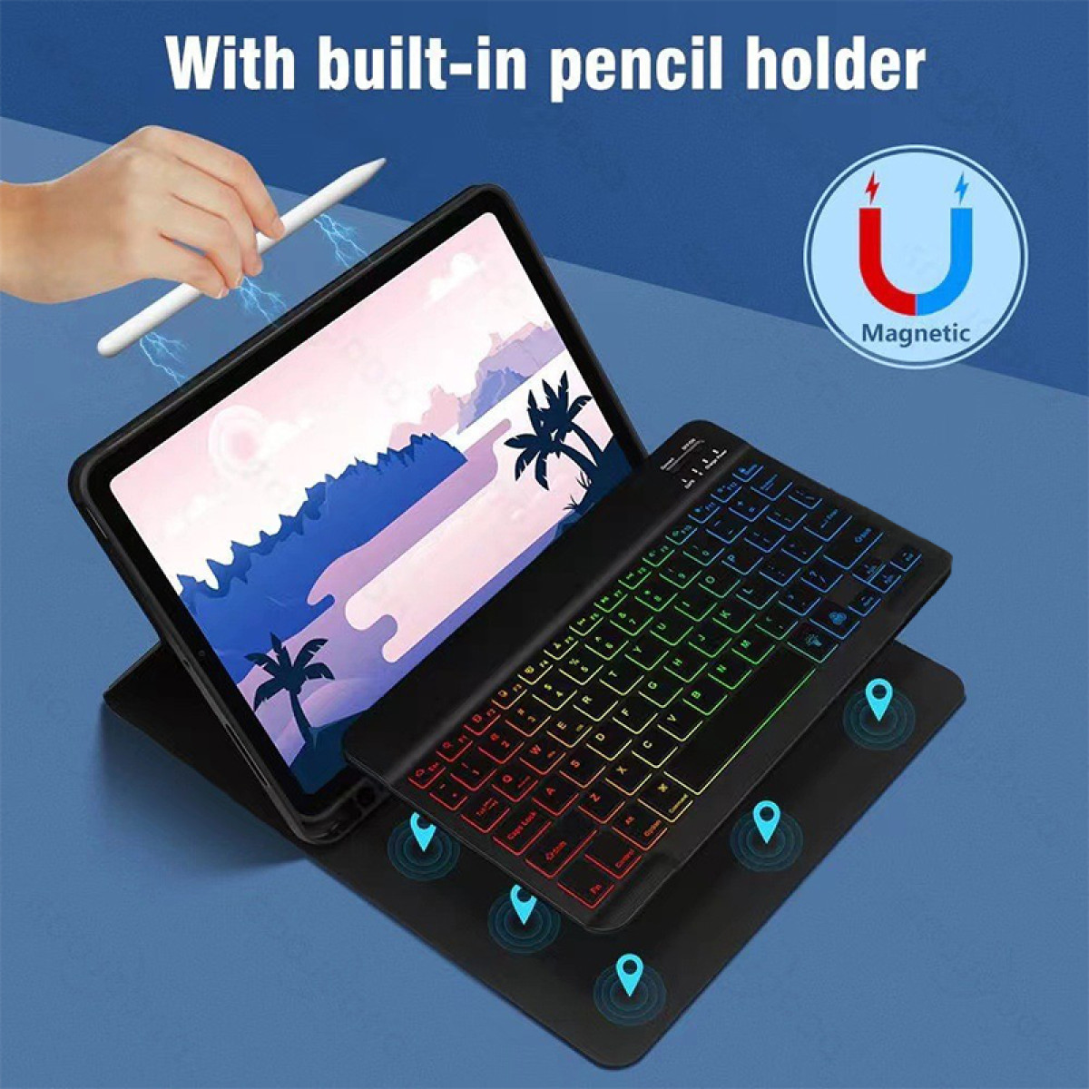 Tablet met aangesloten toetsenbord. Witte pen zweeft boven de tablet.