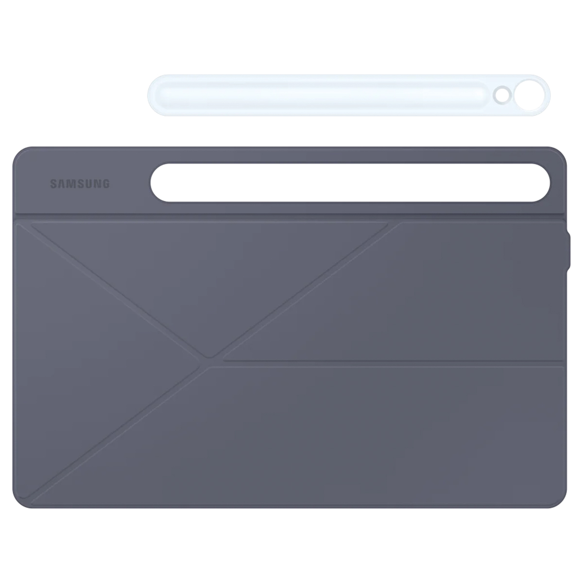 Grijze tablethoes met stylus. De hoes heeft een geometrisch ontwerp en Samsung-logo.
