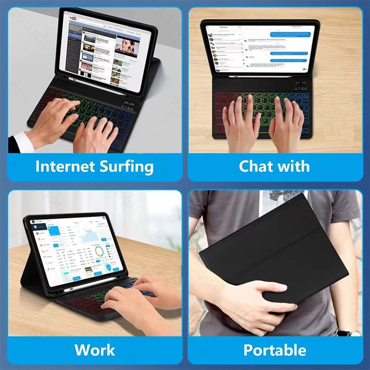 Vier afbeeldingen die een tablet met toetsenbord laten zien, gebruikt voor internetten, chatten, werken en draagbaarheid.