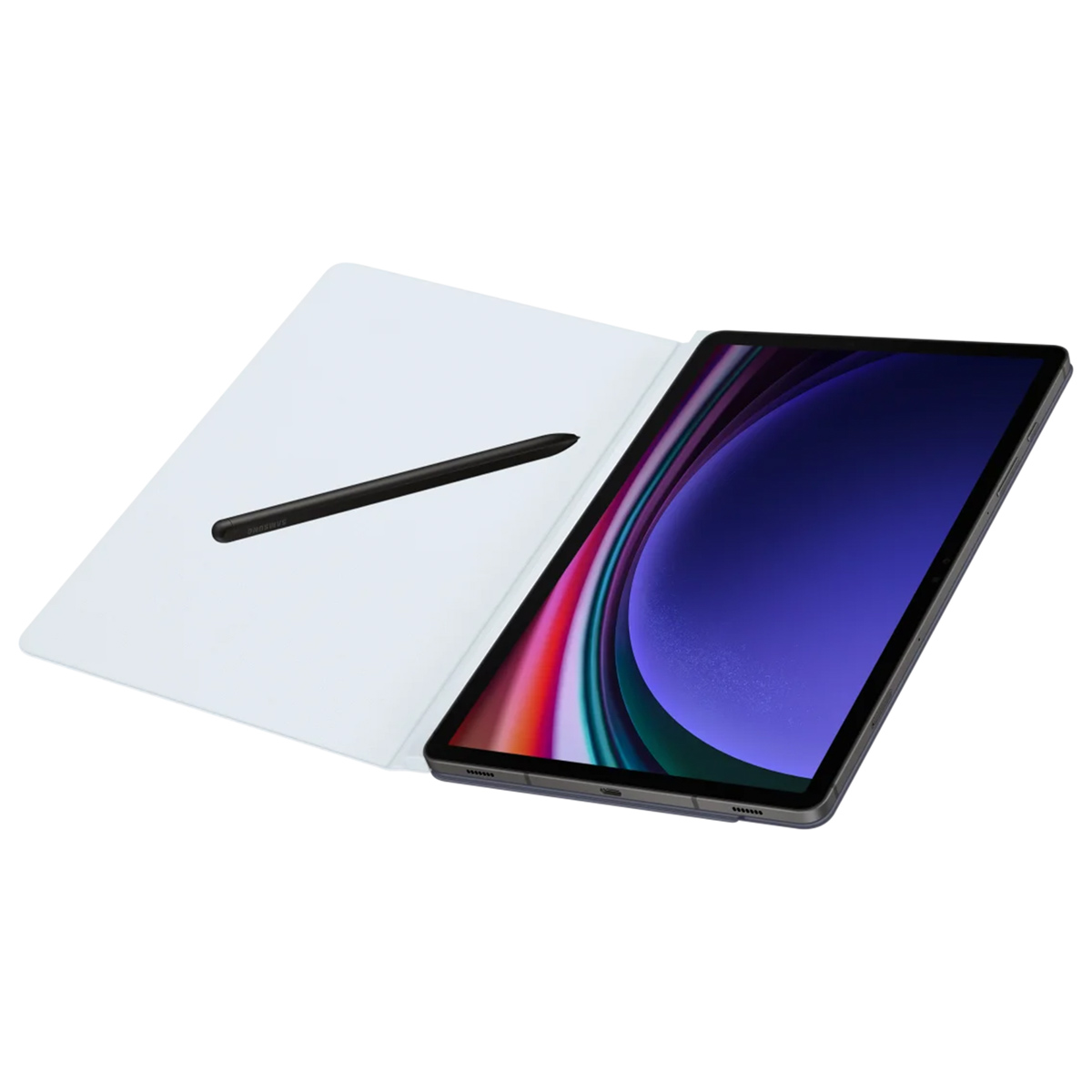 Tablet met hoes en stylus. De tablet staat op een witte achtergrond.