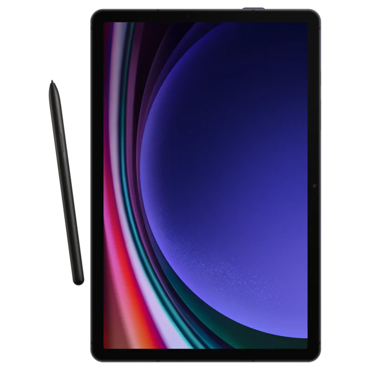 Tablet met zwarte pen. Scherm toont een blauw, rood en groen ontwerp.