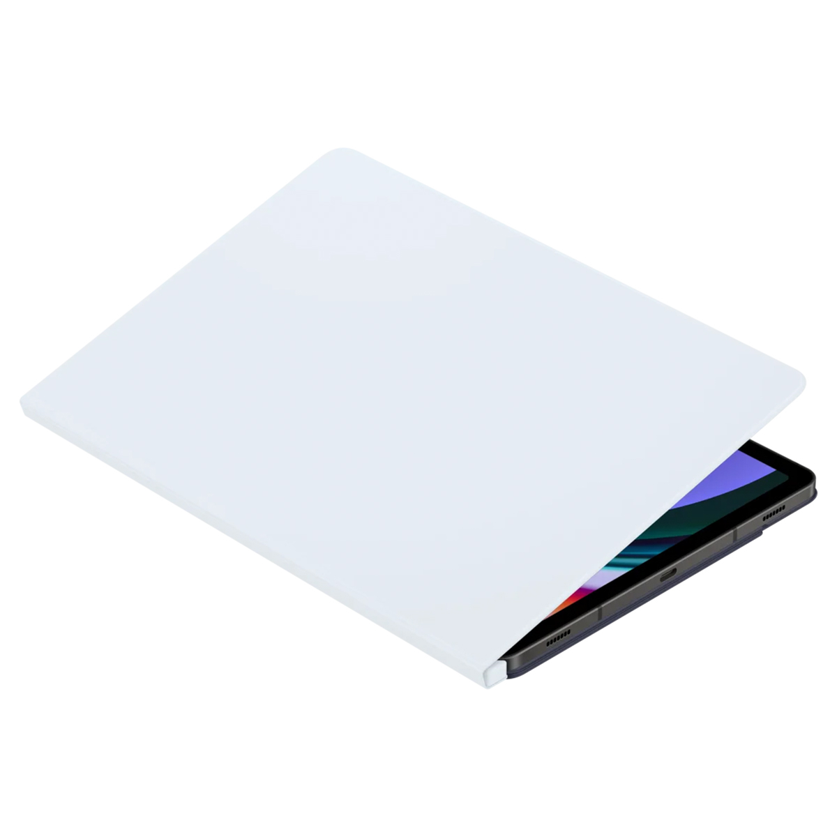 Een open witte tablethoes met een tablet erin. Het scherm is zichtbaar, schuin en witte achtergrond.