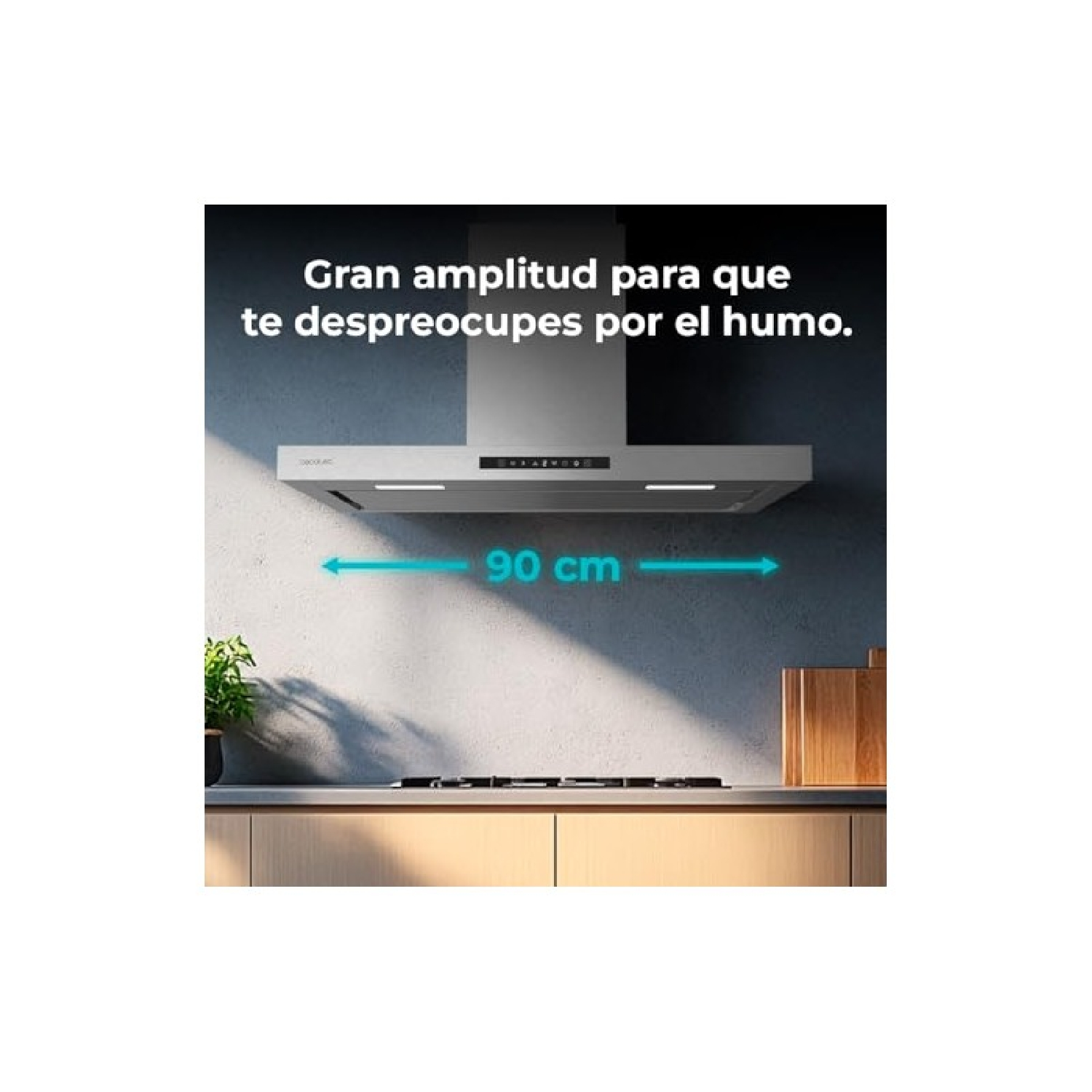 Una campana extractora de acero inoxidable sobre una estufa. El texto indica 90 cm.